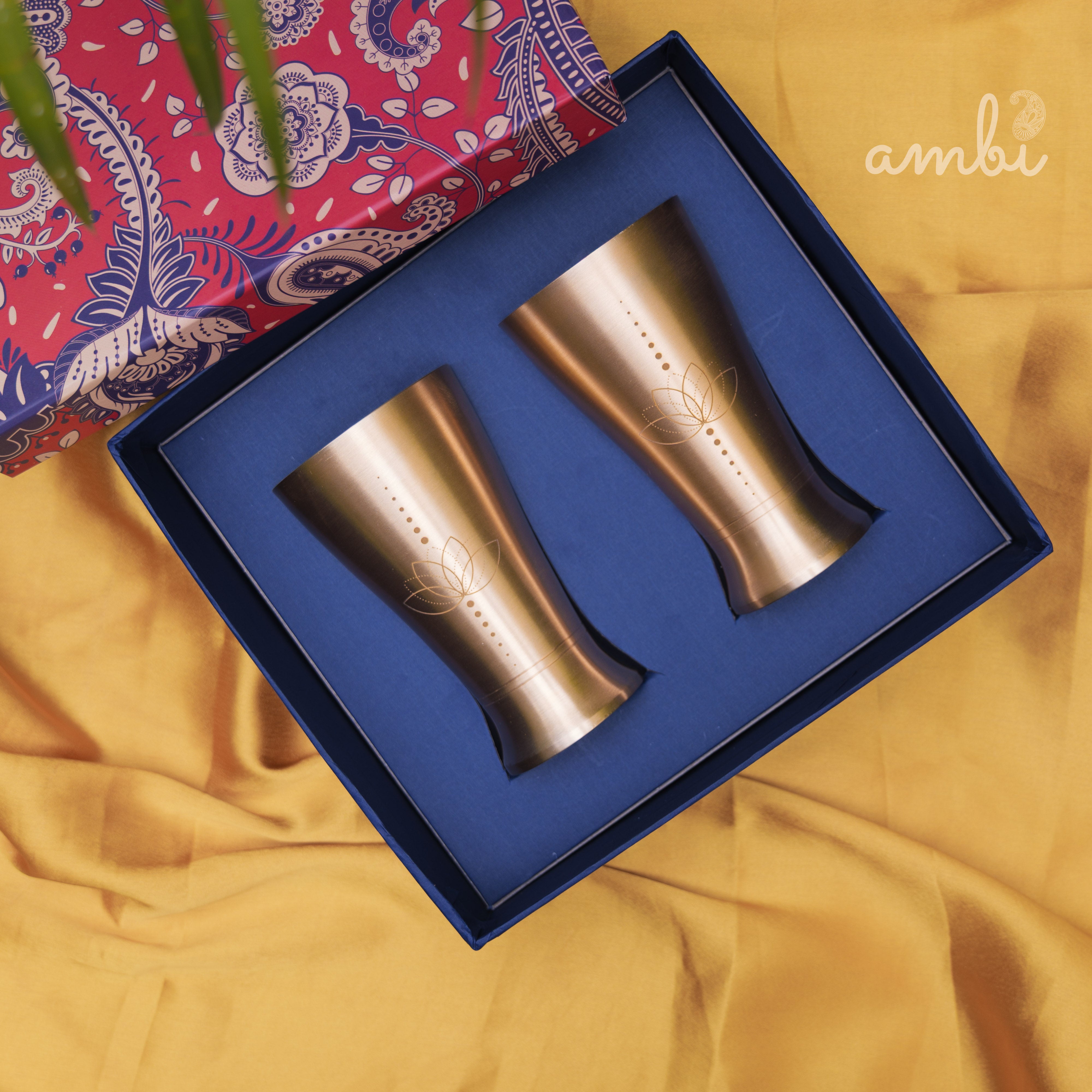 Ambi Gift Set – 2 Lead-Free, 100% Pure Kansa Etched Glasses – Zen Lotus