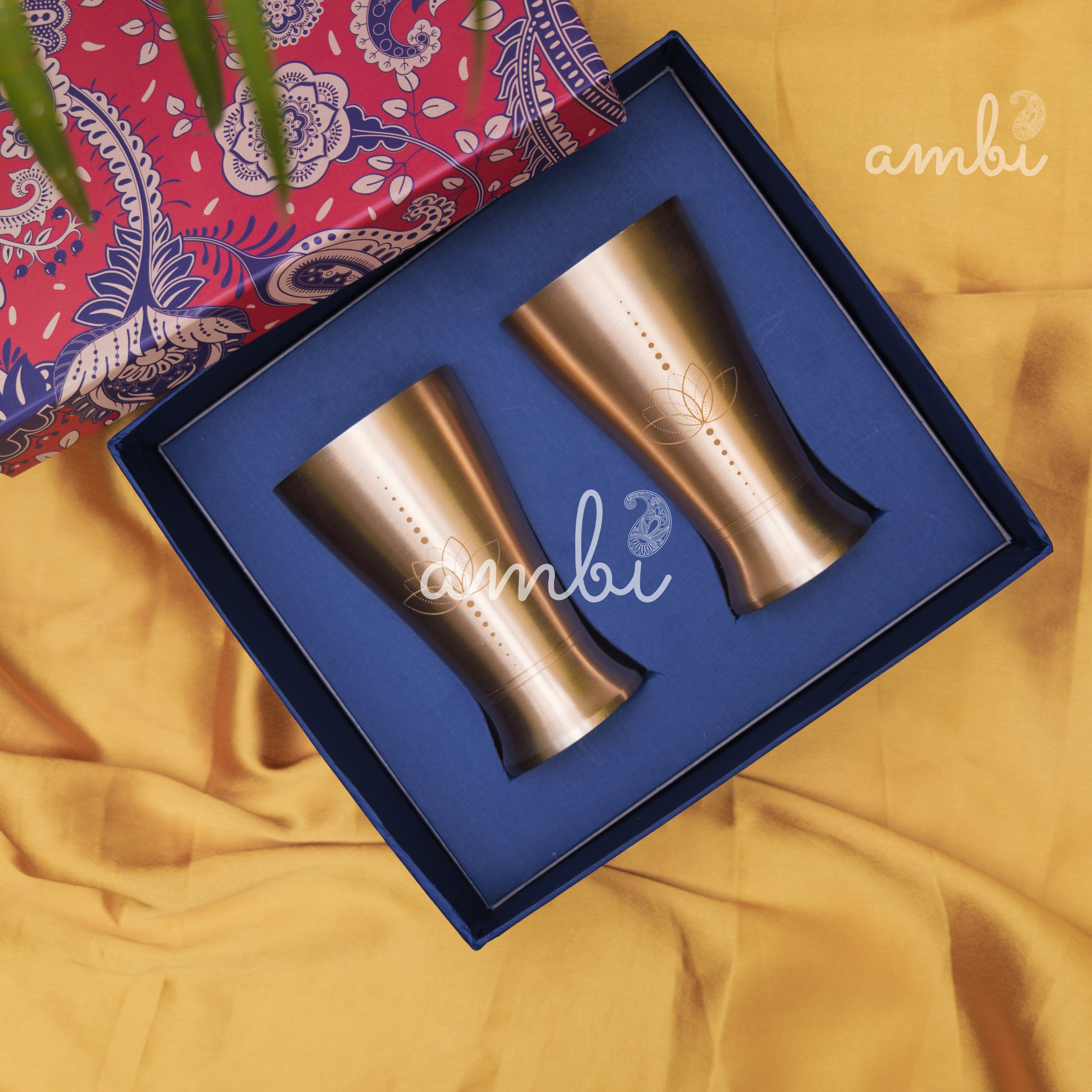 Ambi Gift Set – 2 Lead-Free, 100% Pure Kansa Etched Glasses – Zen Lotus