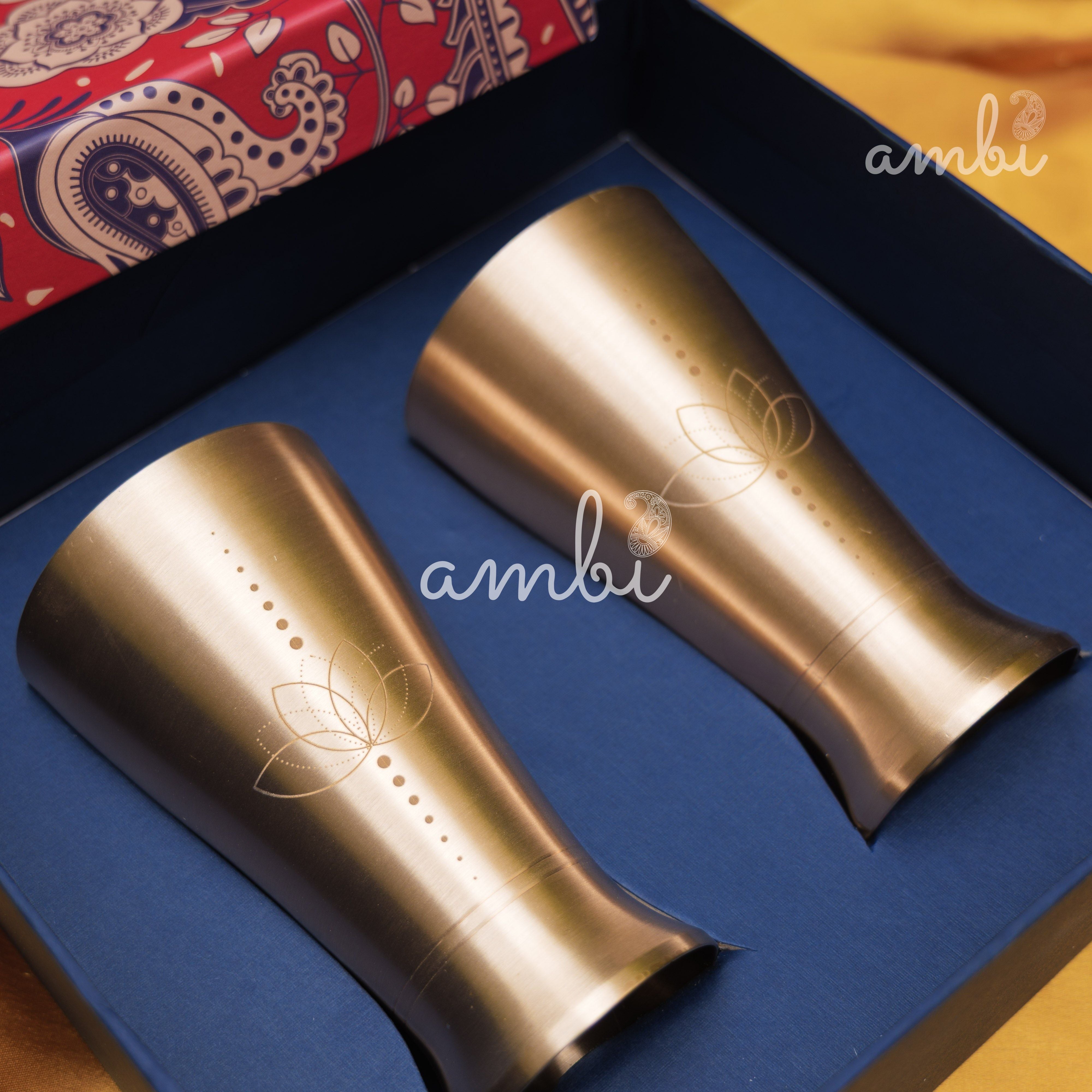 Ambi Gift Set – 2 Lead-Free, 100% Pure Kansa Etched Glasses – Zen Lotus