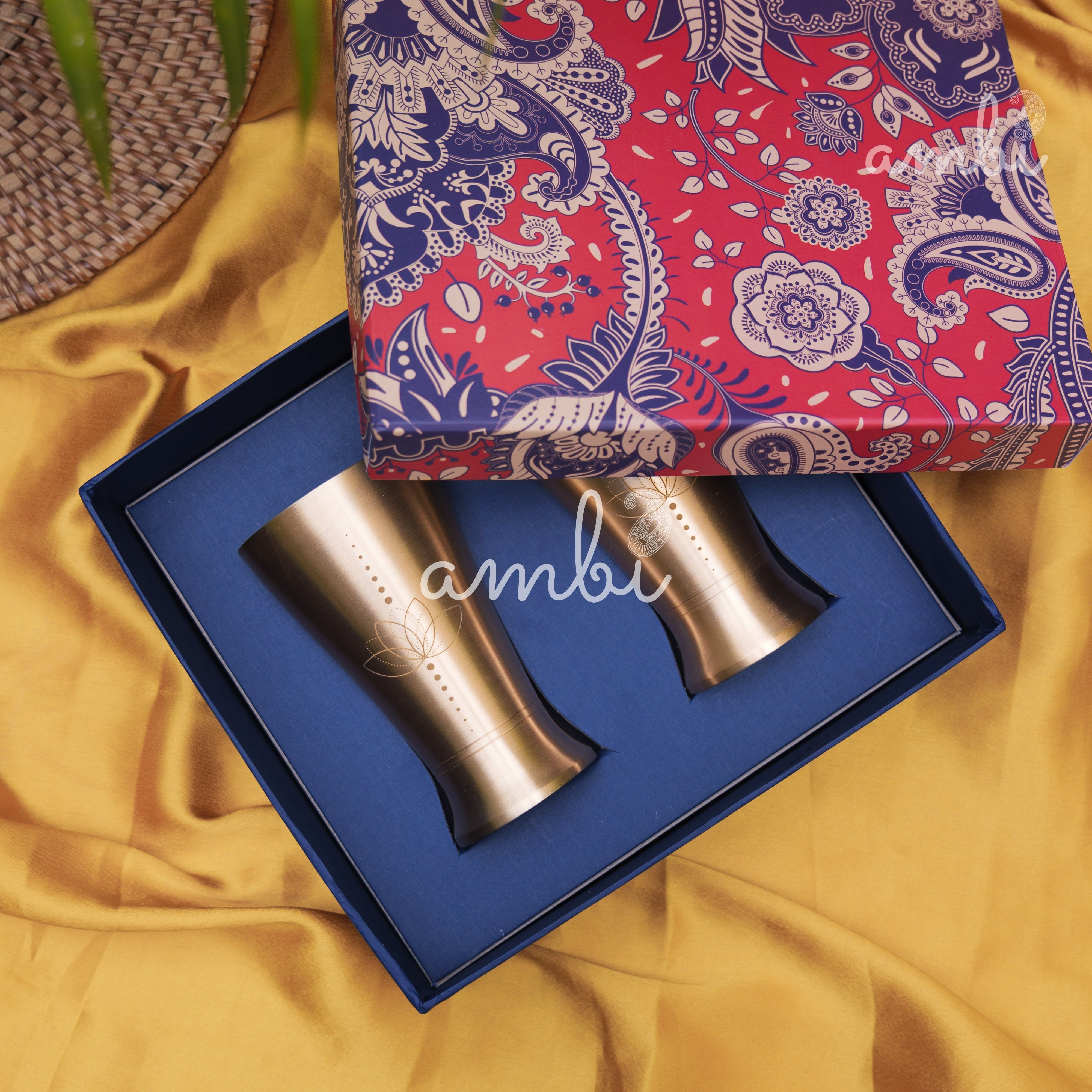 Ambi Gift Set – 2 Lead-Free, 100% Pure Kansa Etched Glasses – Zen Lotus