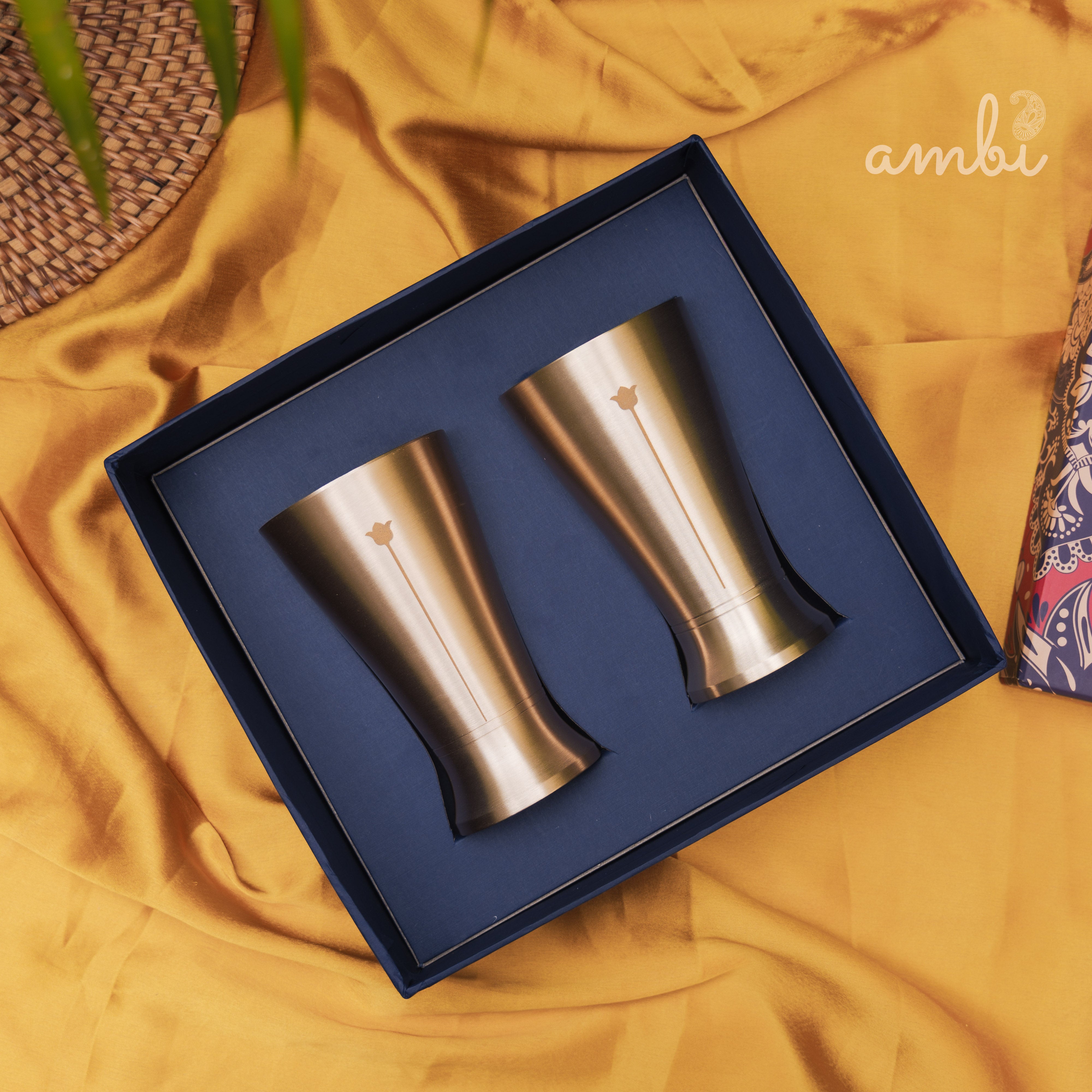 Ambi Gift Set of 2 Lead Free 100% Pure Kansa Glass with Etching - Rising Lotus