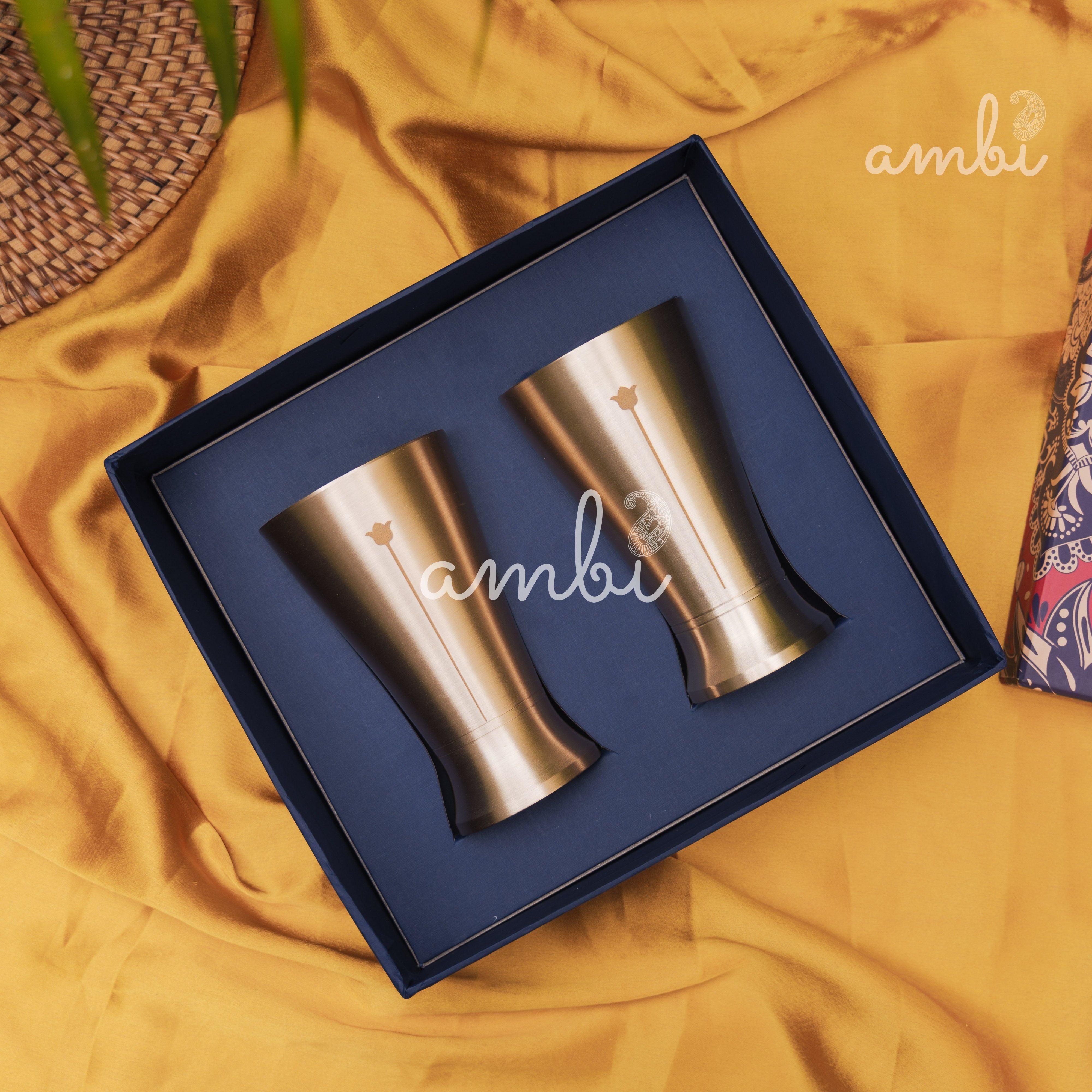 Ambi Gift Set of 2 Lead Free 100% Pure Kansa Glass with Etching - Rising Lotus