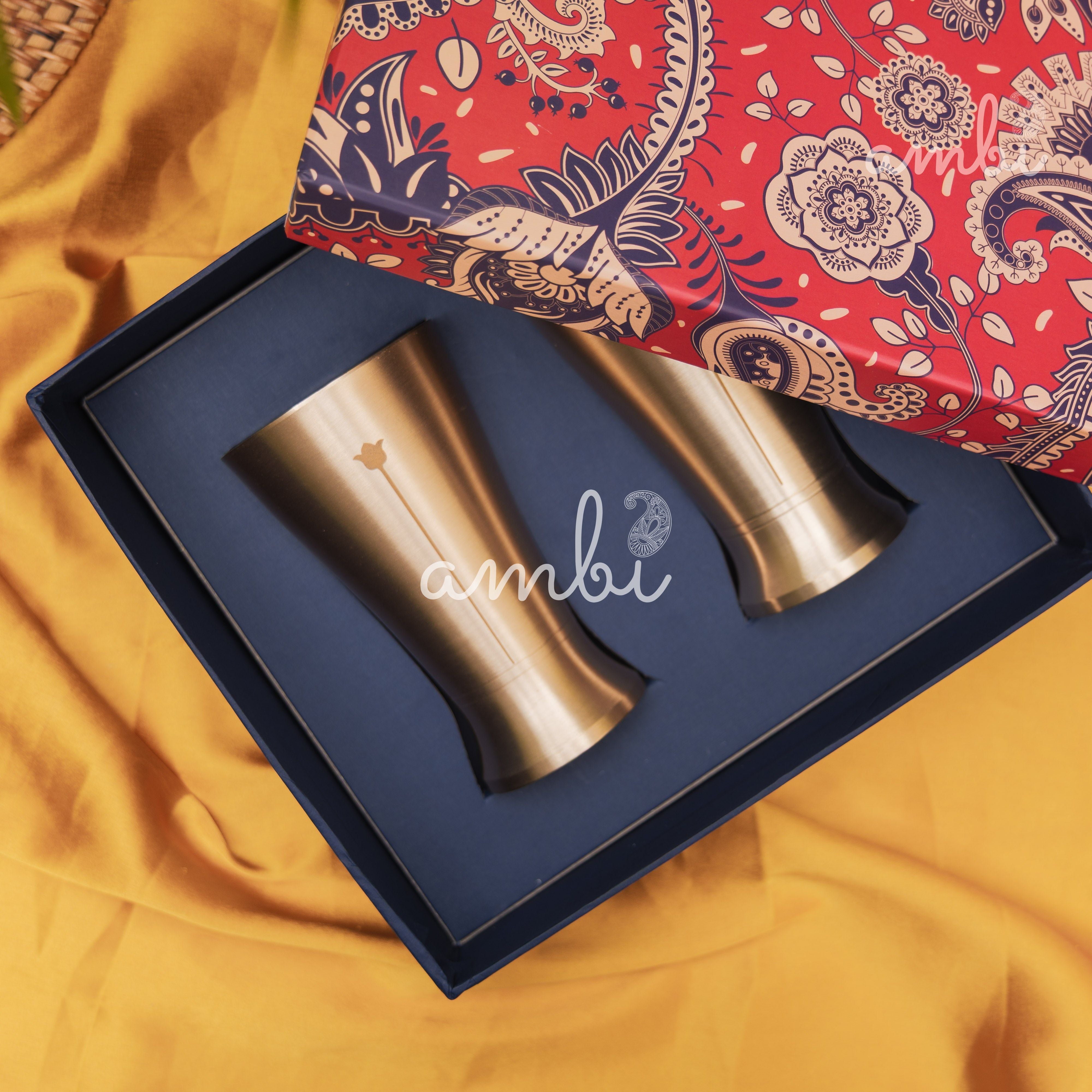 Ambi Gift Set of 2 Lead Free 100% Pure Kansa Glass with Etching - Rising Lotus