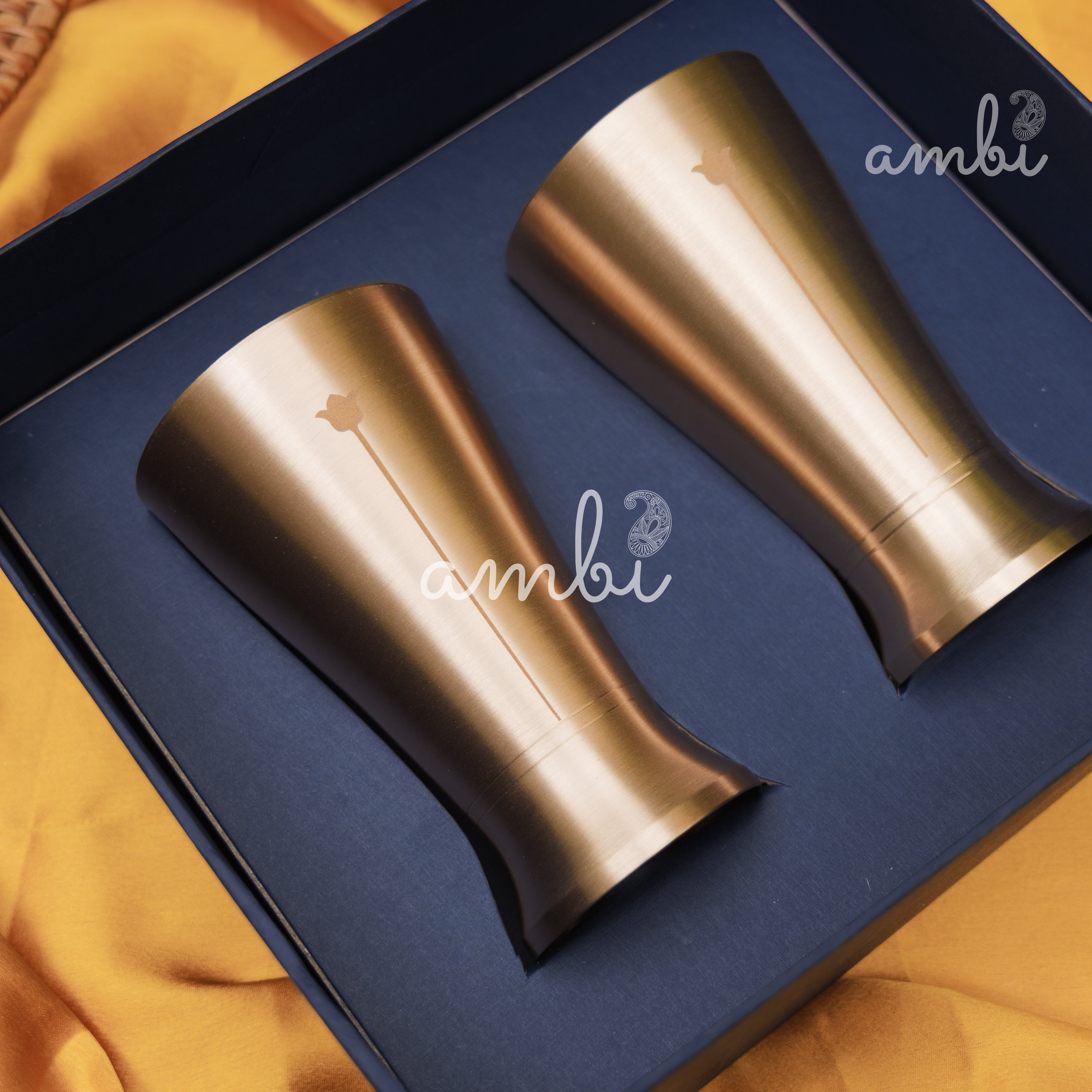 Ambi Gift Set of 2 Lead Free 100% Pure Kansa Glass with Etching - Rising Lotus