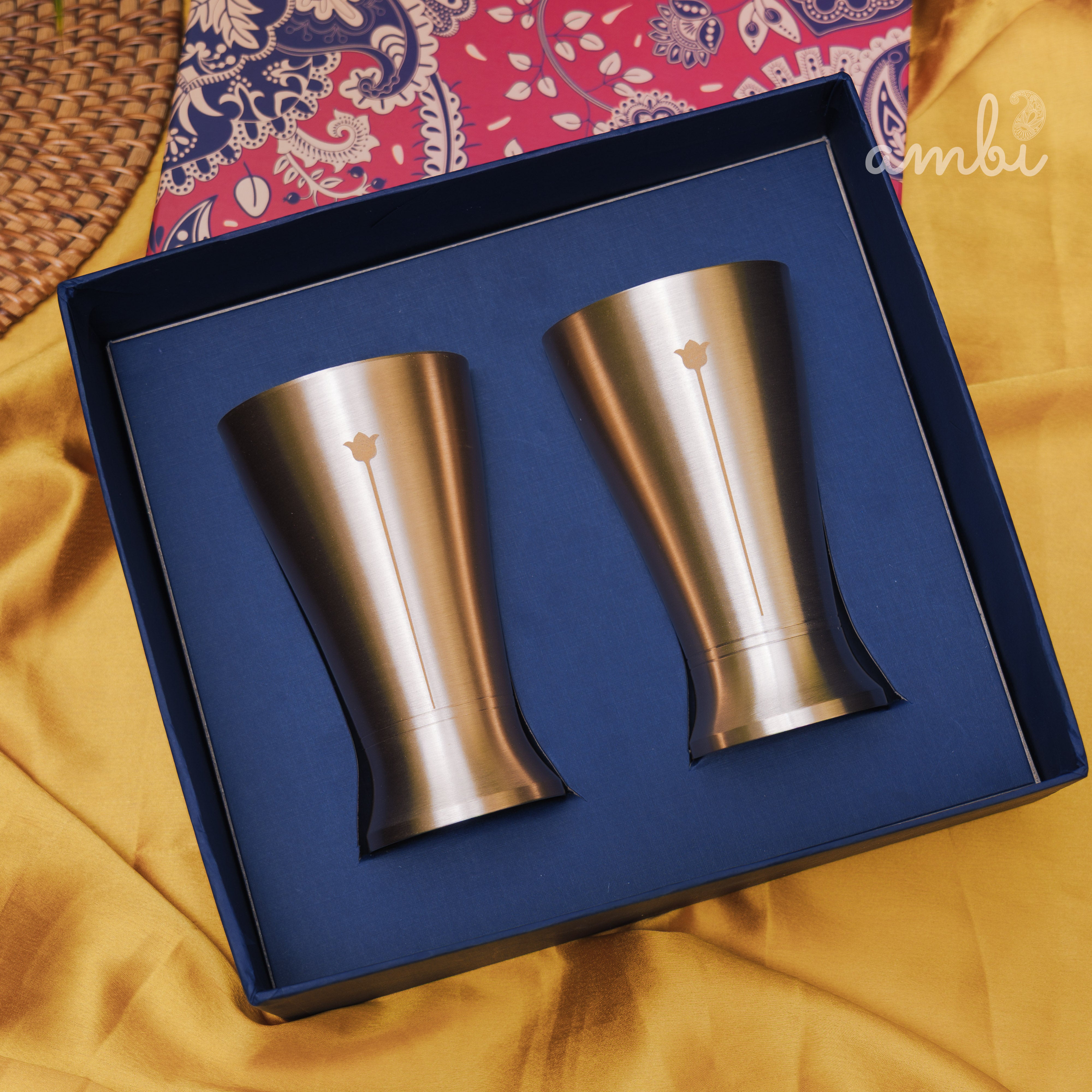 Ambi Gift Set of 2 Lead Free 100% Pure Kansa Glass with Etching - Rising Lotus