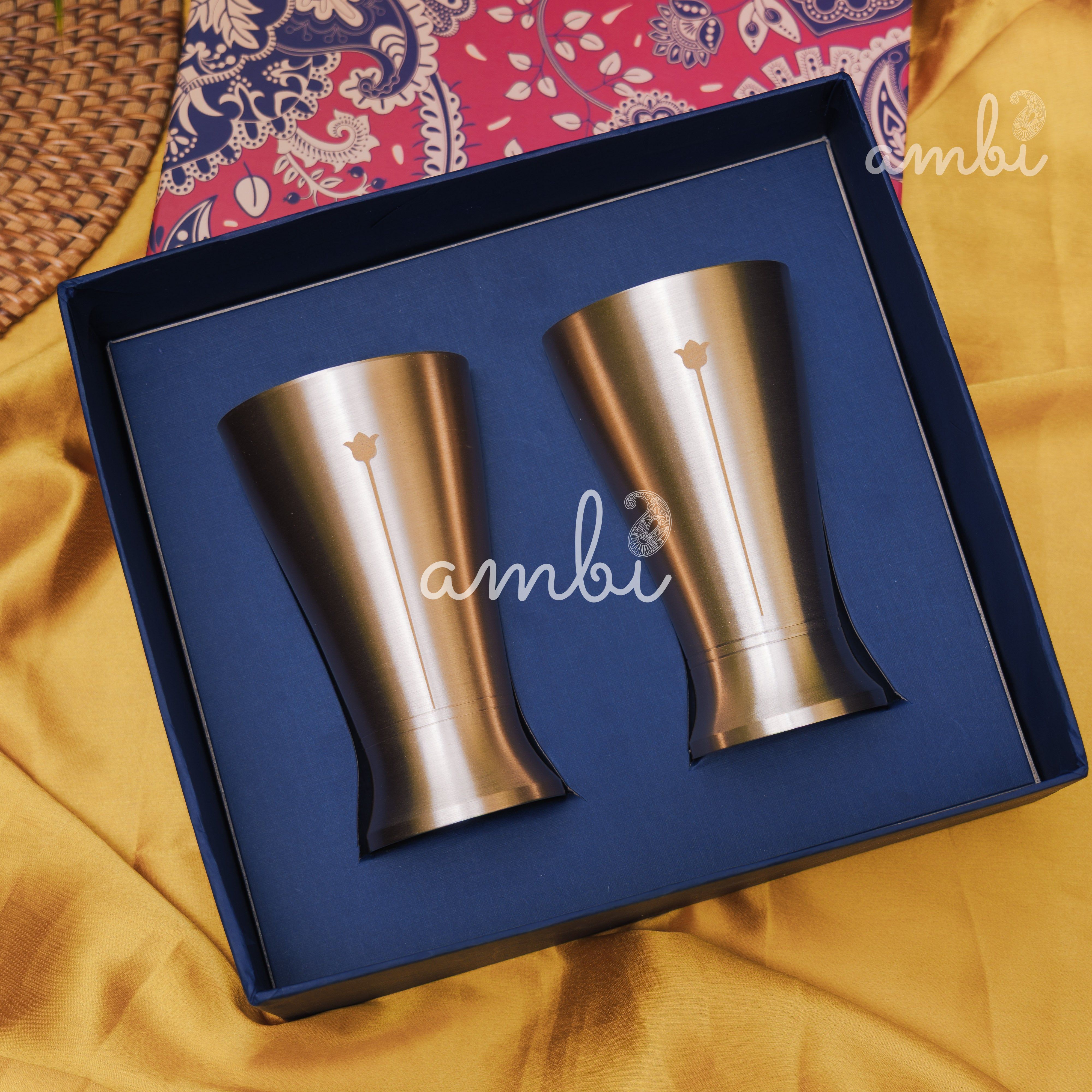 Ambi Gift Set of 2 Lead Free 100% Pure Kansa Glass with Etching - Rising Lotus
