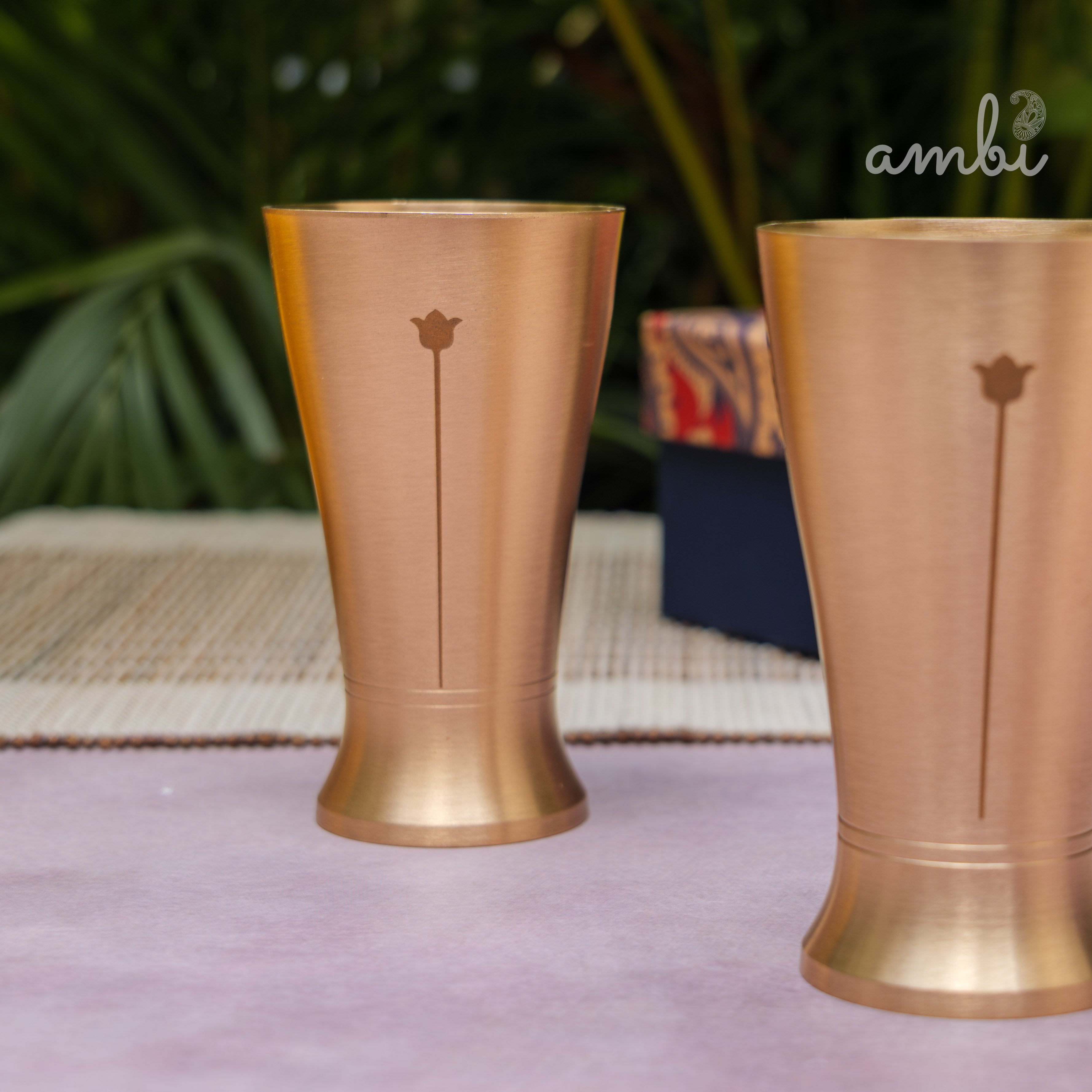 Ambi Gift Set of 2 Lead Free 100% Pure Kansa Glass with Etching - Rising Lotus
