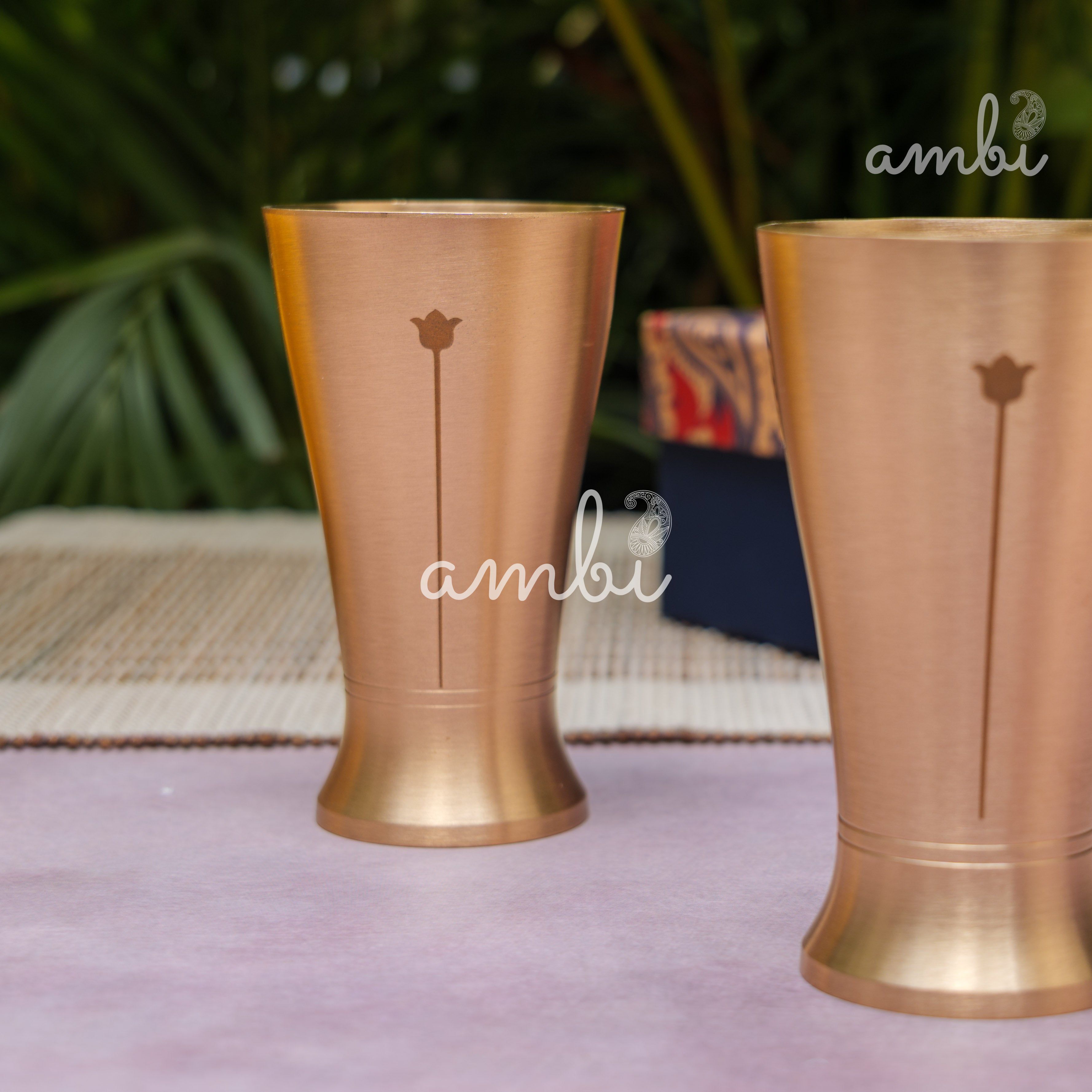 Ambi Gift Set of 2 Lead Free 100% Pure Kansa Glass with Etching - Rising Lotus
