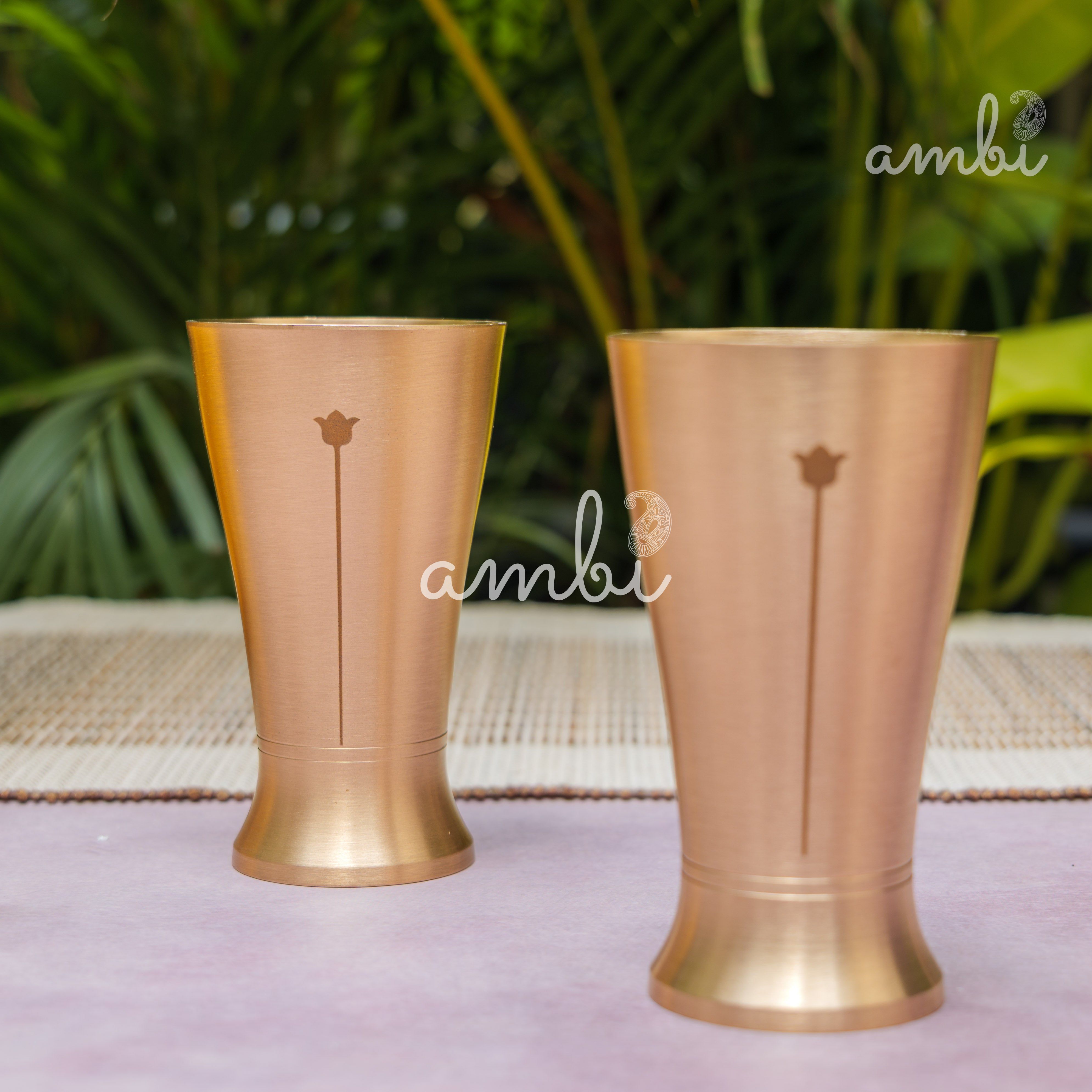 Ambi Gift Set of 2 Lead Free 100% Pure Kansa Glass with Etching - Rising Lotus
