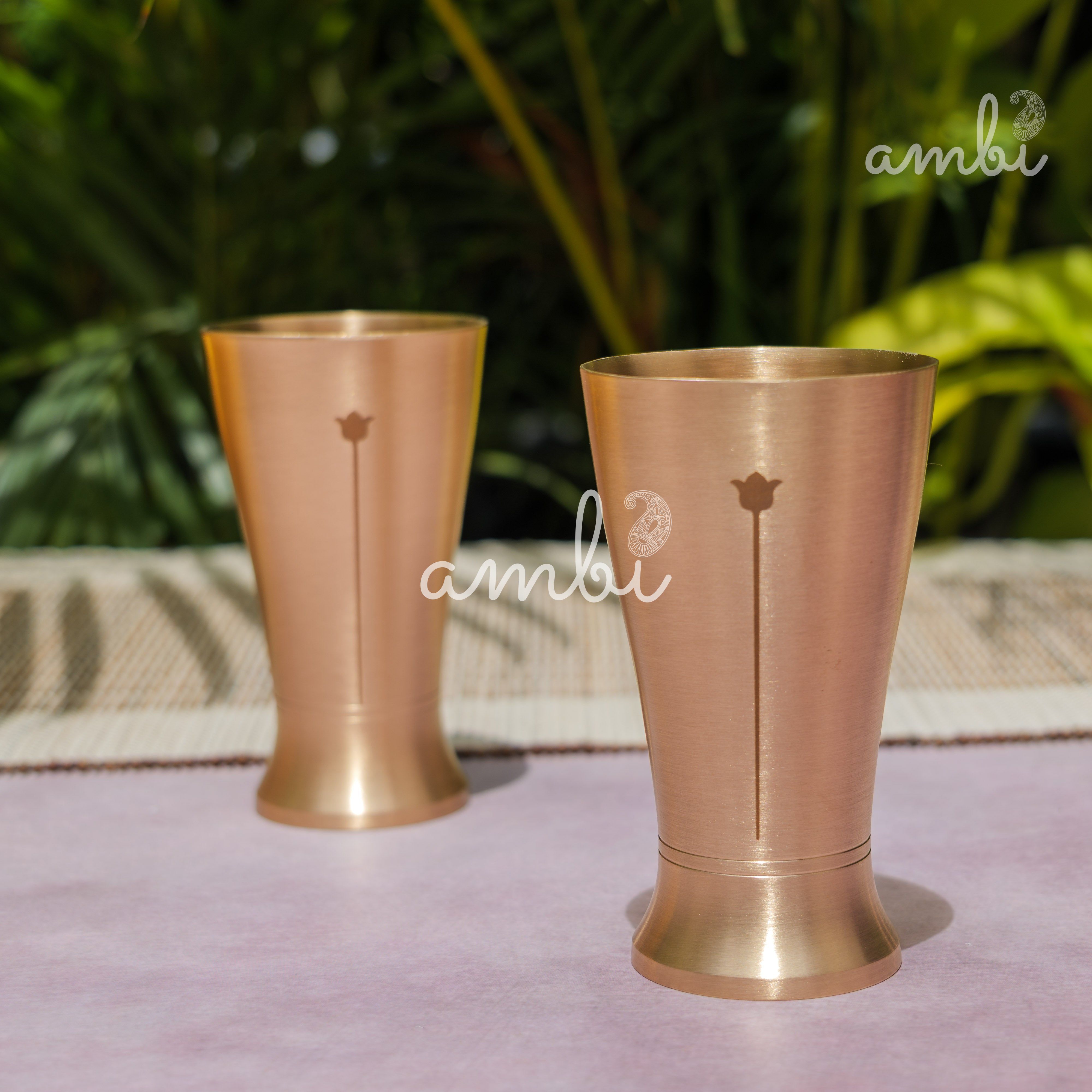 Ambi Gift Set of 2 Lead Free 100% Pure Kansa Glass with Etching - Rising Lotus