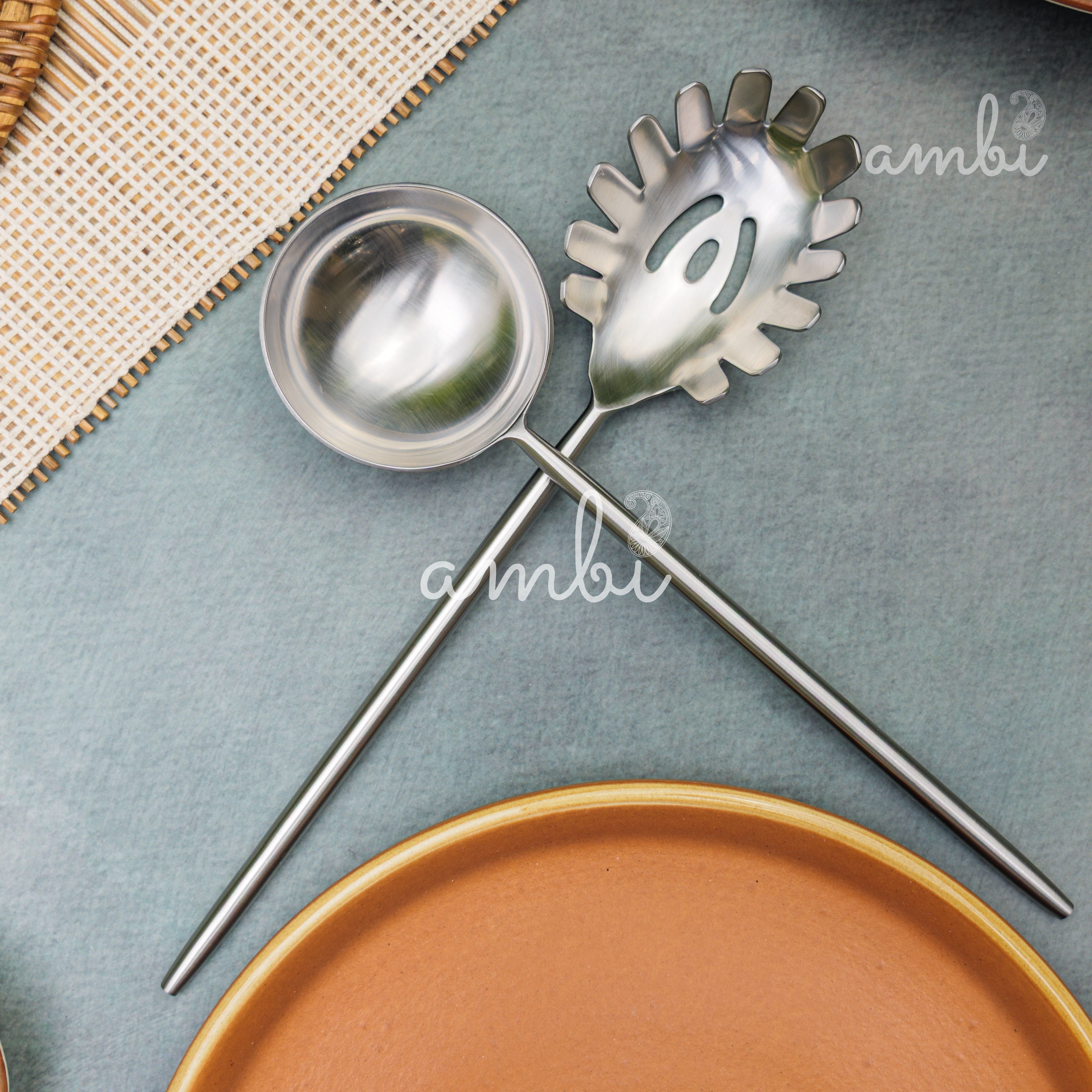 Pair of Exquisite Steel Ladle & Spaghetti Serving Spoon Set