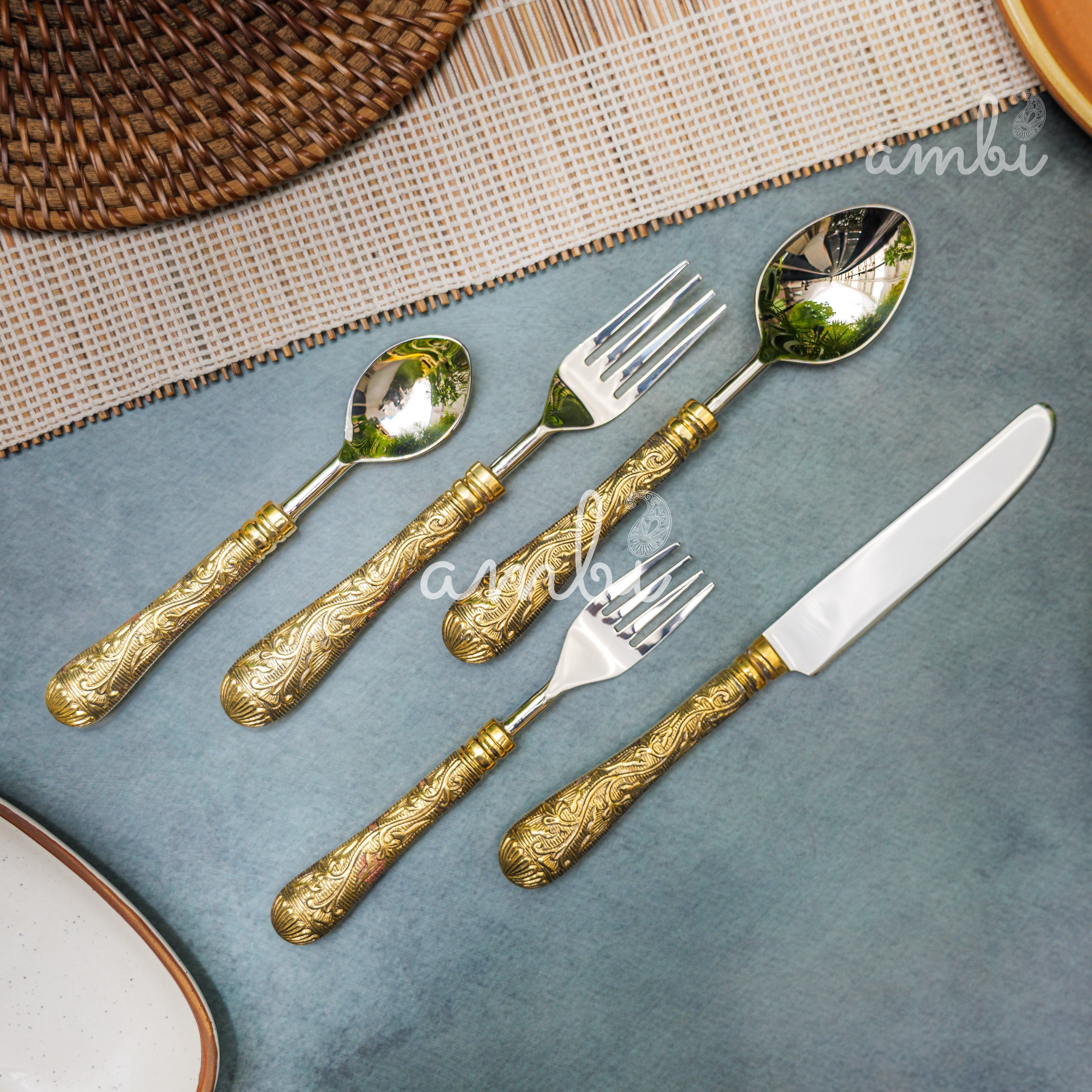 Handcrafted Heavy Steel Silver Cutlery Set of 5 - Golden Etched Handle