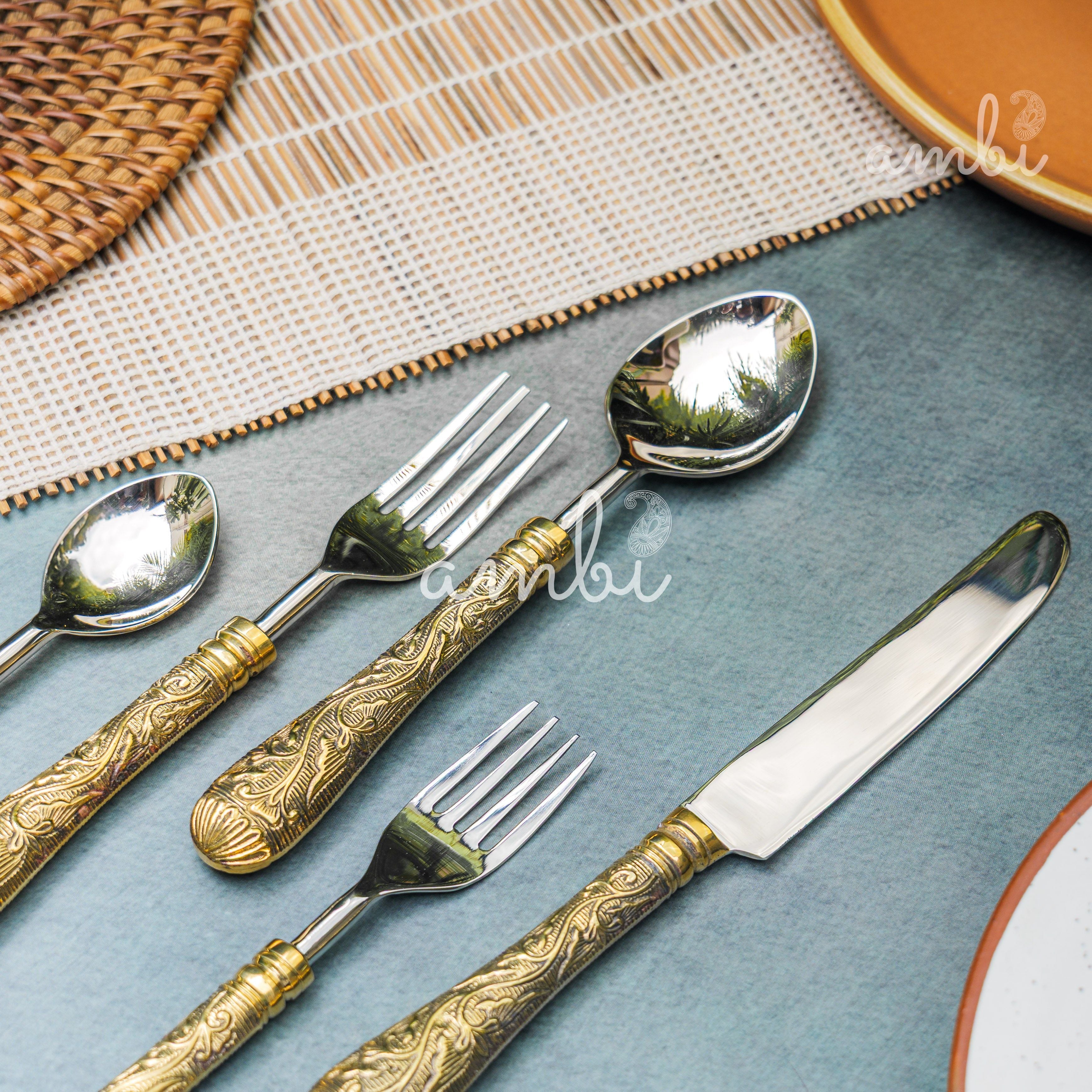 Handcrafted Heavy Steel Silver Cutlery Set of 5 - Golden Etched Handle