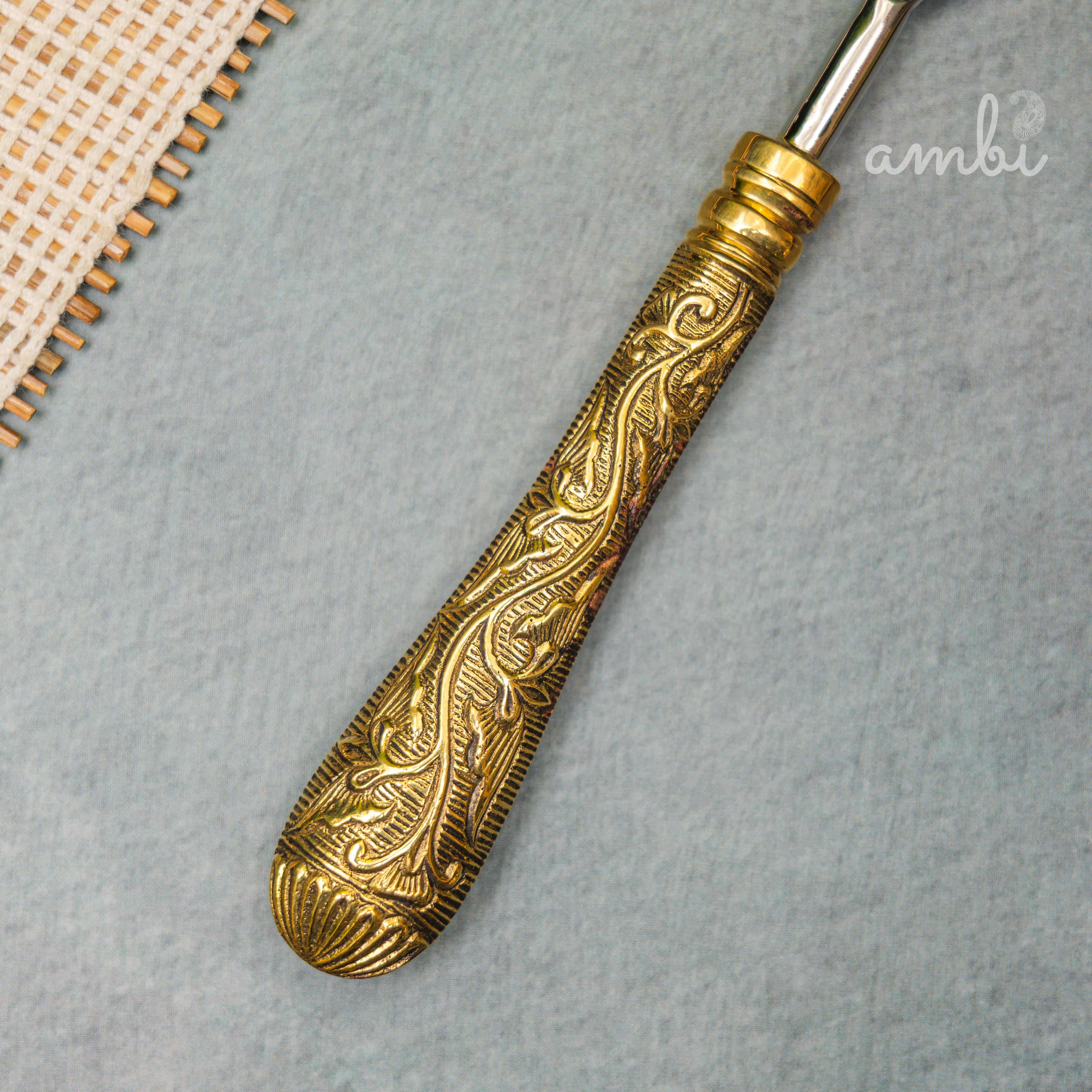 Handcrafted Heavy Steel Silver Cutlery Set of 5 - Golden Etched Handle