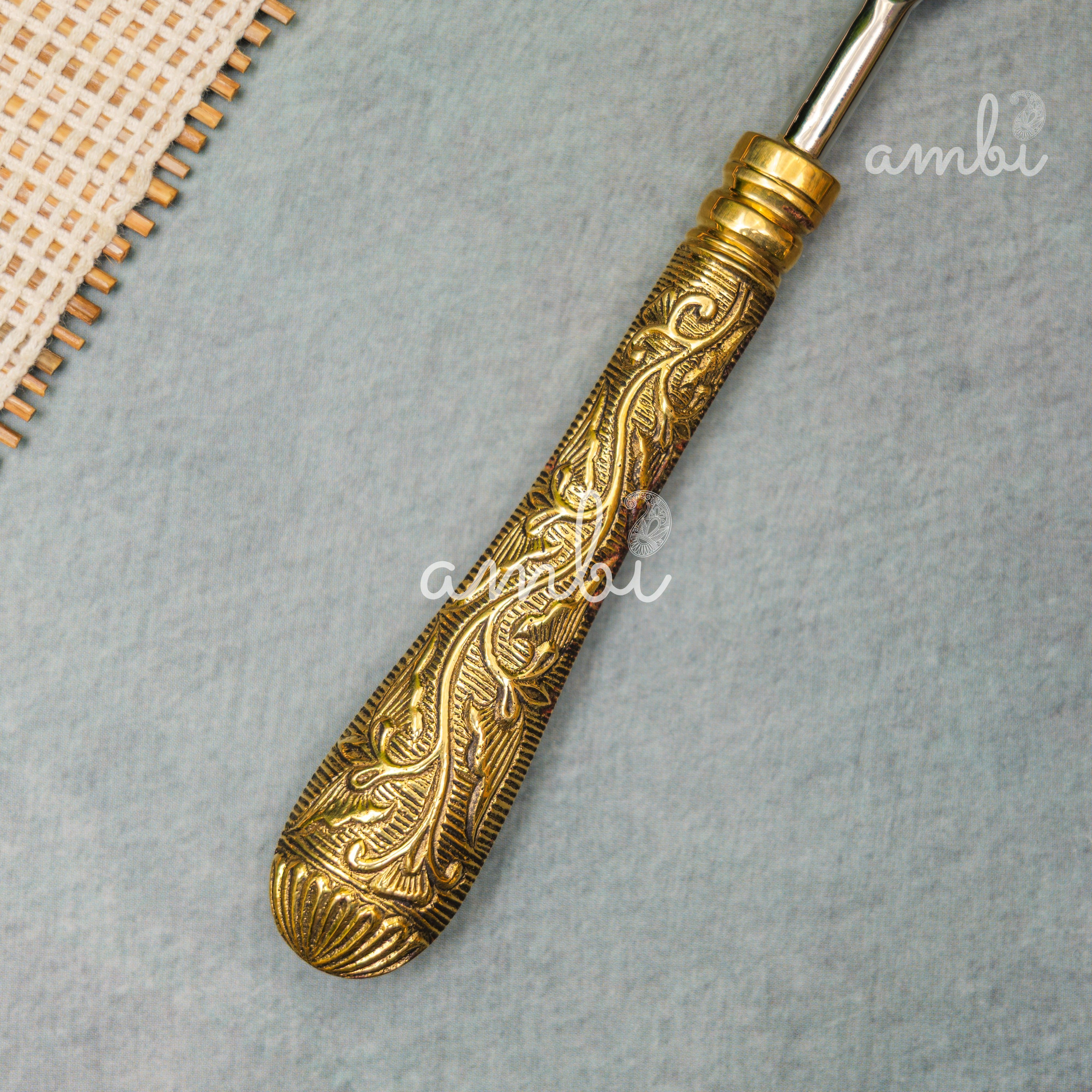 Handcrafted Heavy Steel Silver Cutlery Set of 5 - Golden Etched Handle