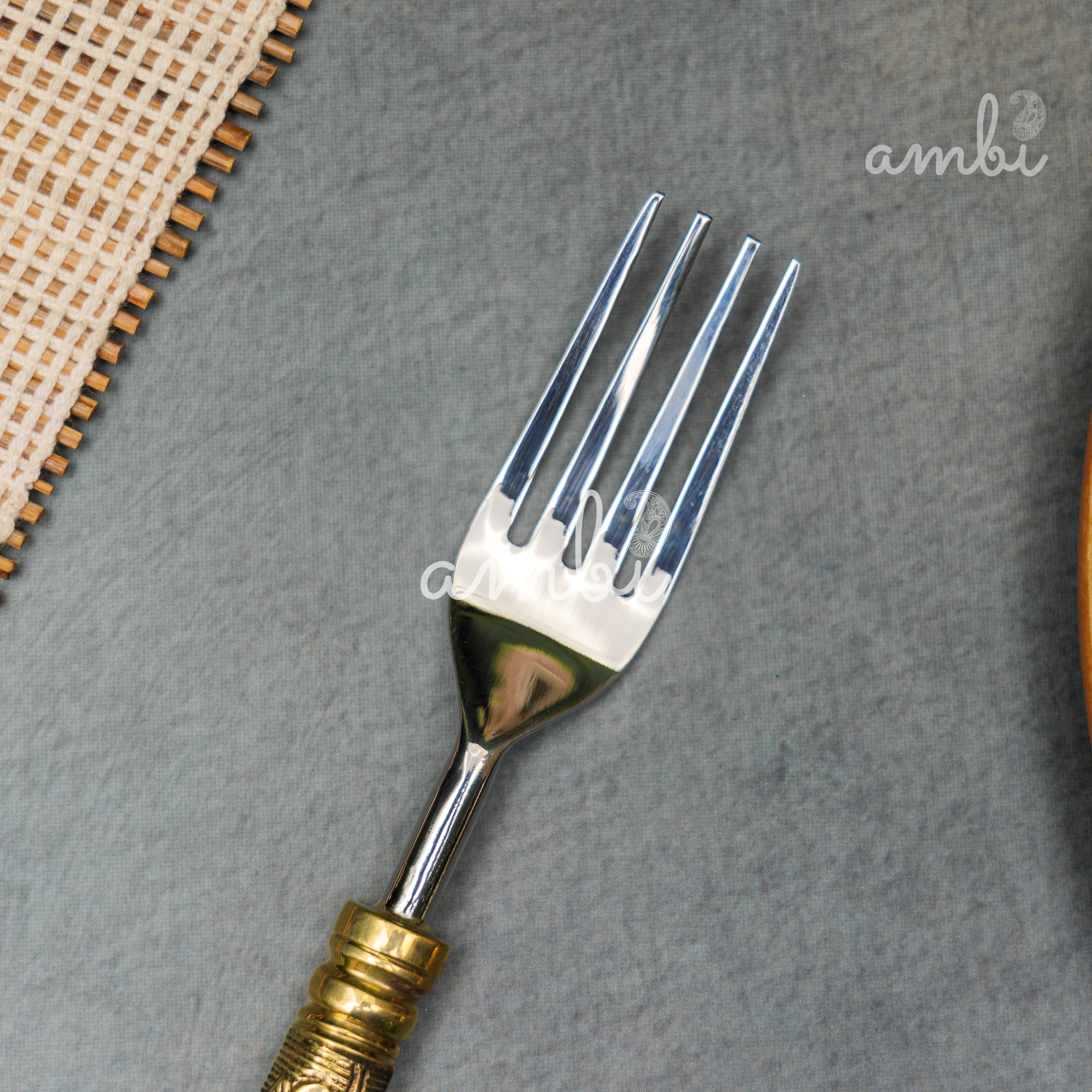 Handcrafted Heavy Steel Silver Cutlery Set of 5 - Golden Etched Handle