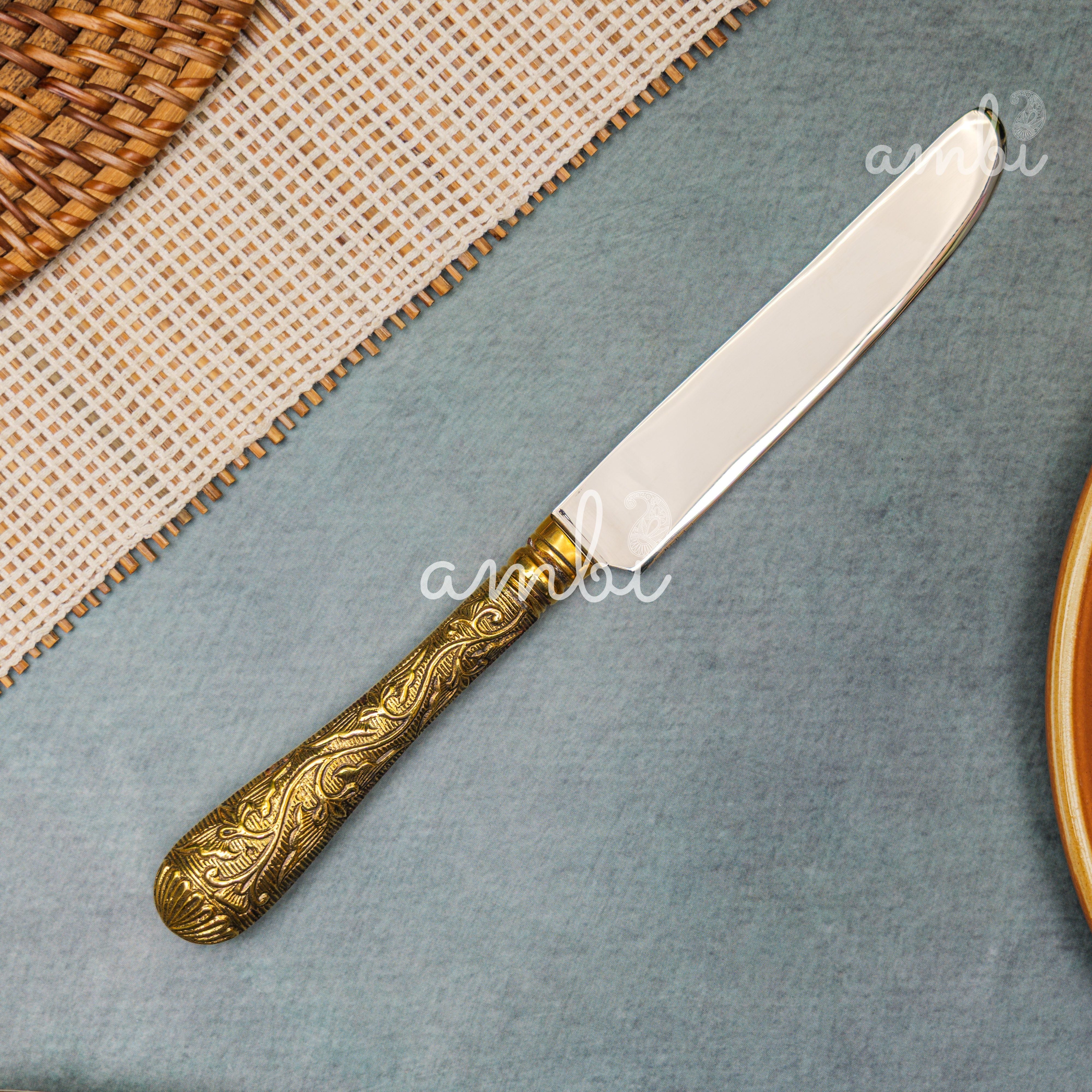 Handcrafted Heavy Steel Silver Cutlery Set of 5 - Golden Etched Handle