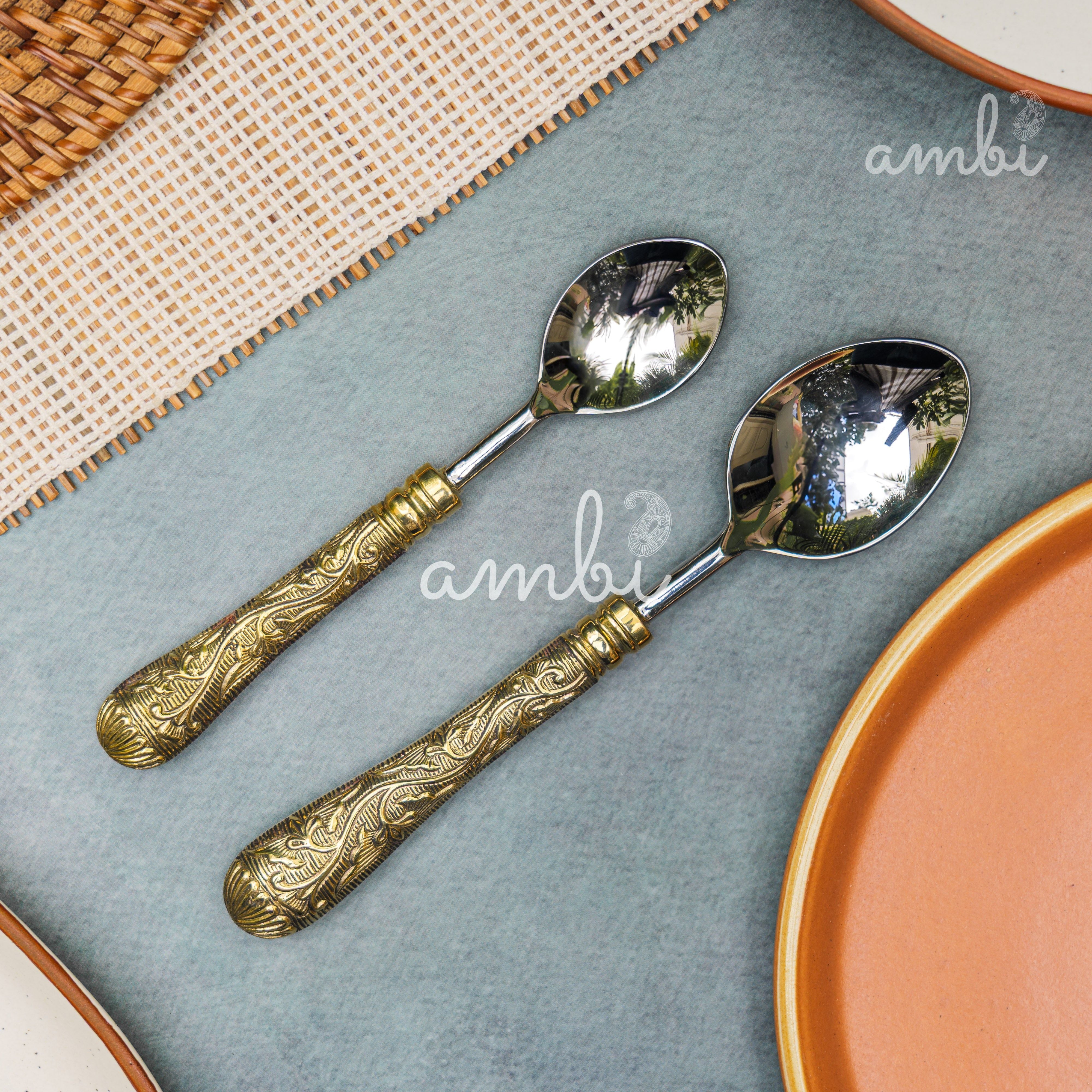 Handcrafted Heavy Steel Silver Cutlery Set of 5 - Golden Etched Handle