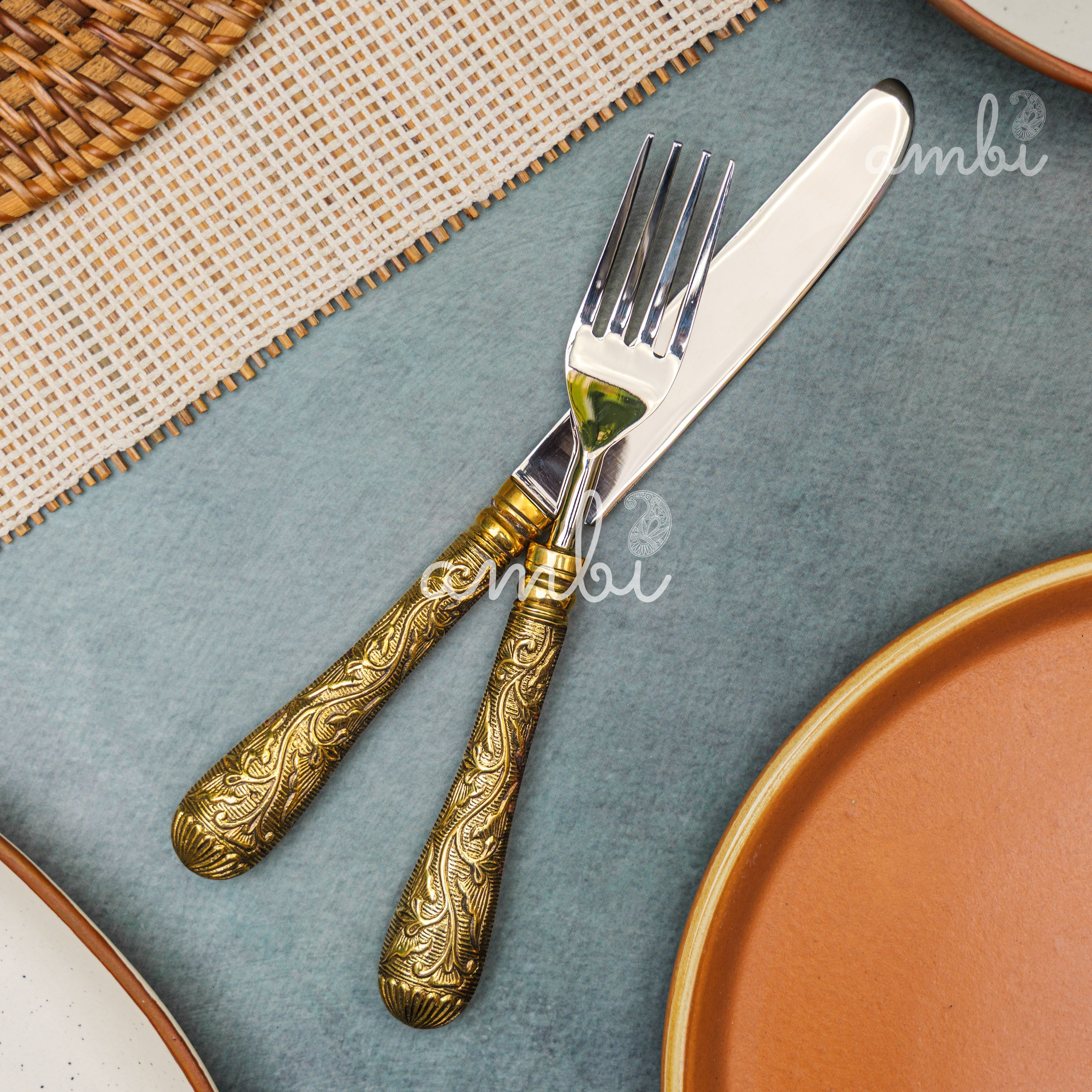 Handcrafted Heavy Steel Silver Cutlery Set of 5 - Golden Etched Handle