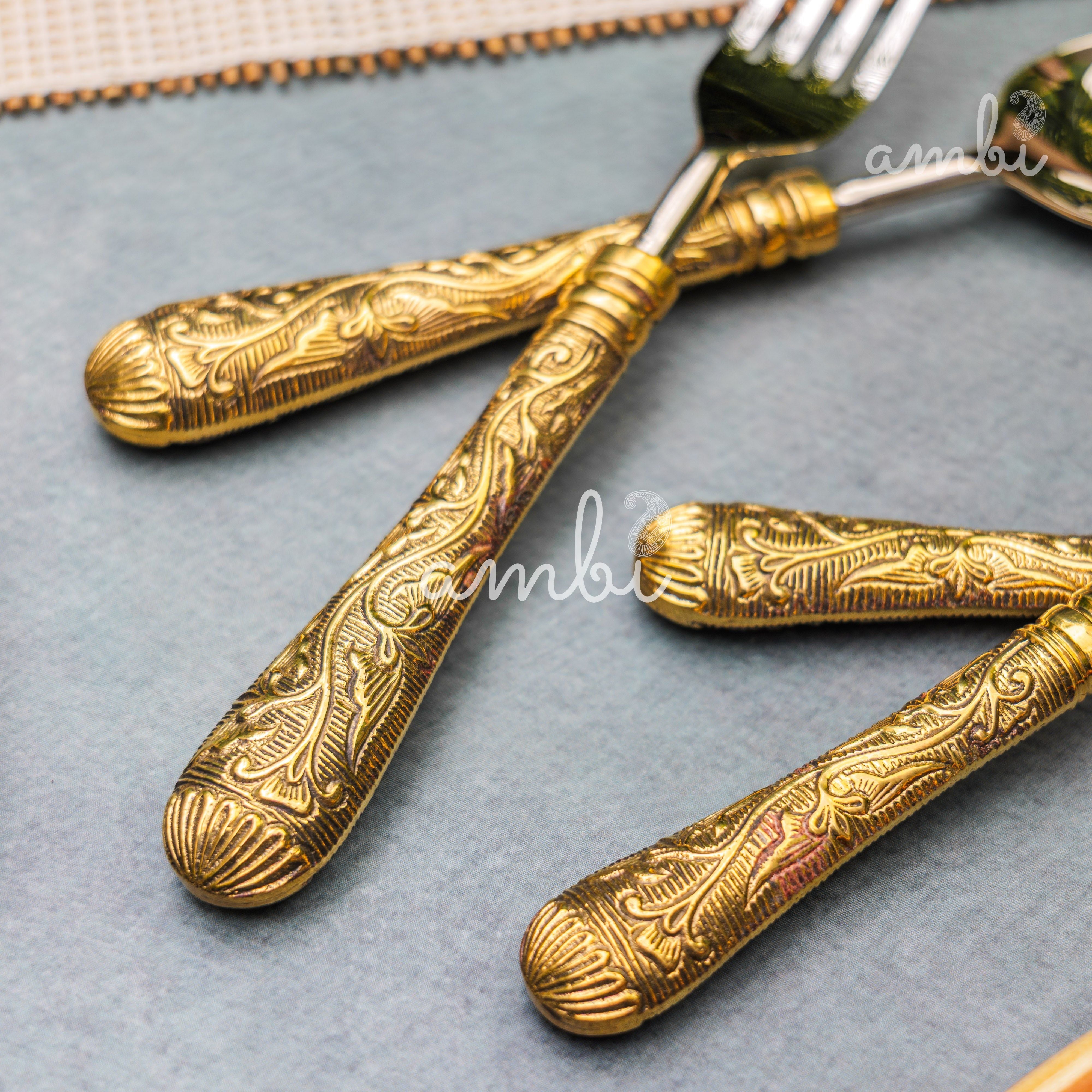 Handcrafted Heavy Steel Silver Cutlery Set of 5 - Golden Etched Handle