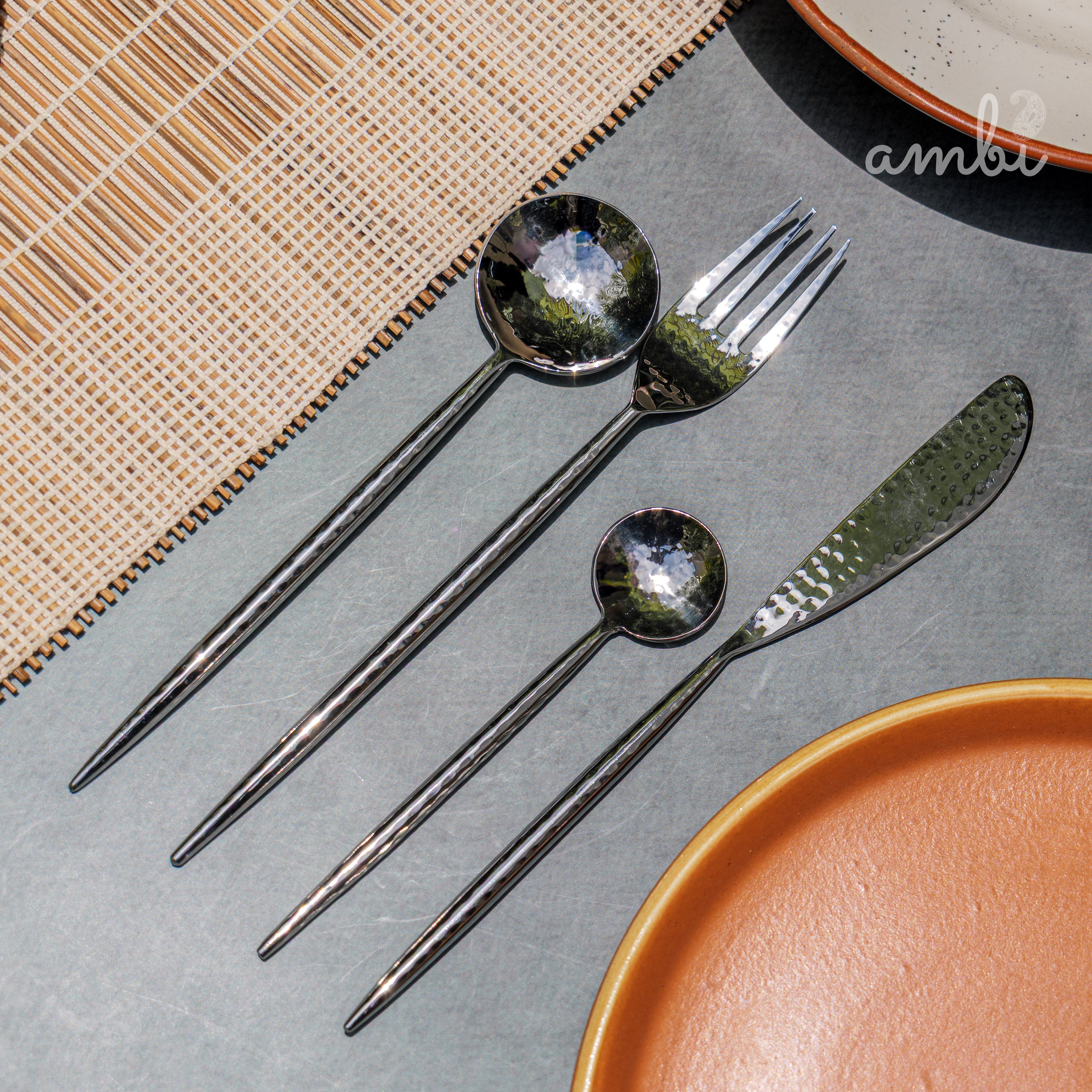Handcrafted Heavy Steel Silver Cutlery Set of 4 Hammered