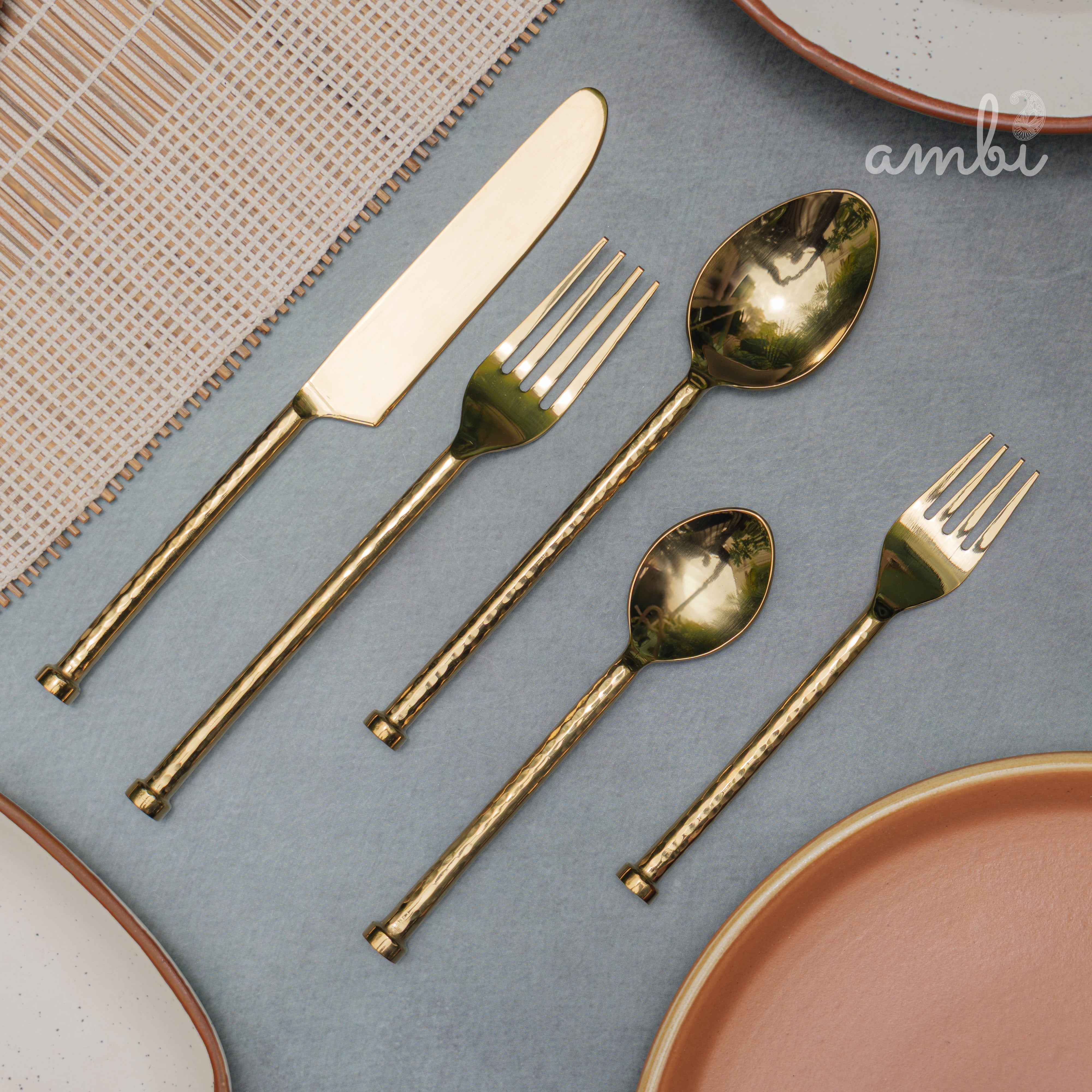 Elegant Handcrafted Heavy Pure Brass Plated Heavy Steel Cutlery Set of 5