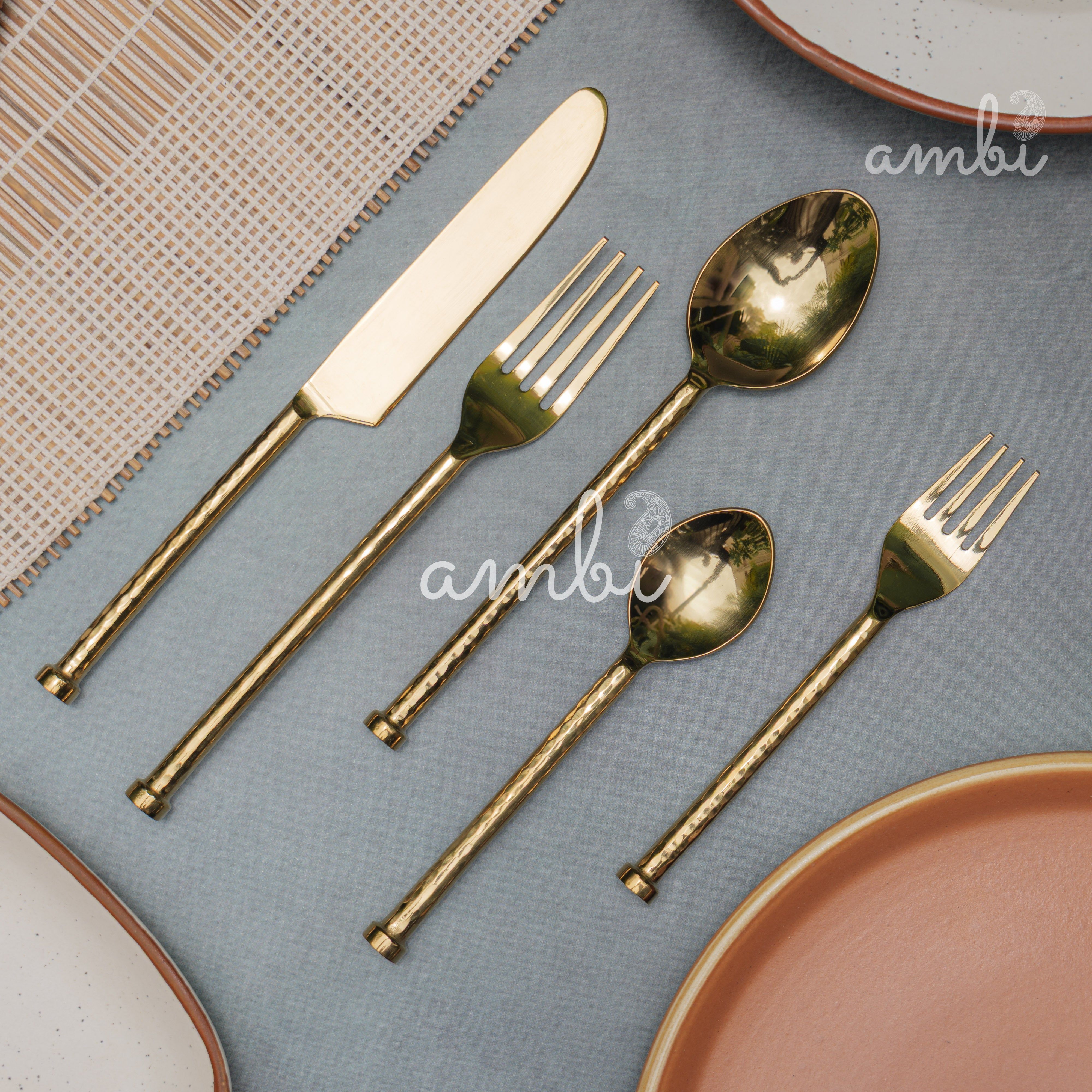 Elegant Handcrafted Heavy Pure Brass Plated Heavy Steel Cutlery Set of 5