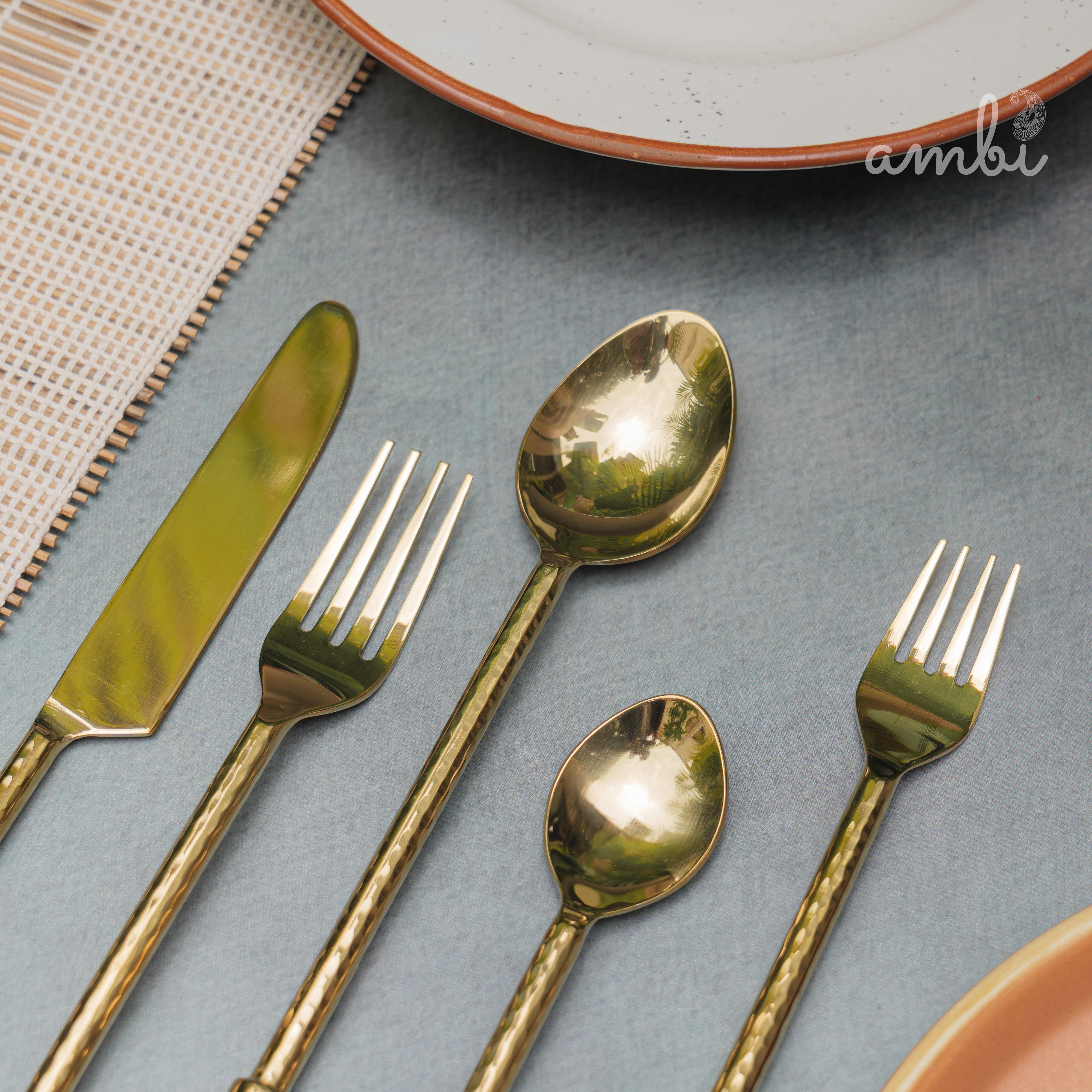Elegant Handcrafted Heavy Pure Brass Plated Heavy Steel Cutlery Set of 5