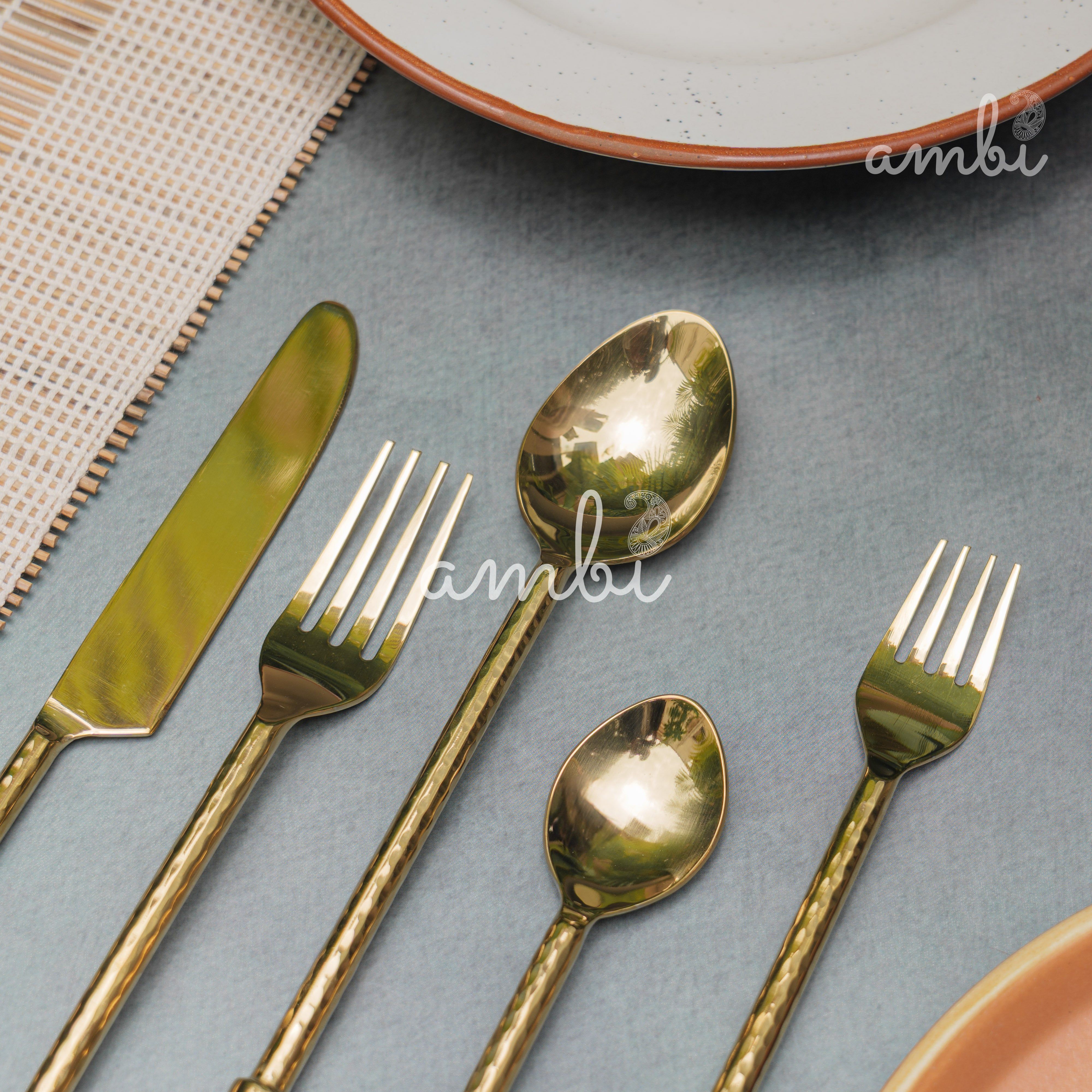 Elegant Handcrafted Heavy Pure Brass Plated Heavy Steel Cutlery Set of 5