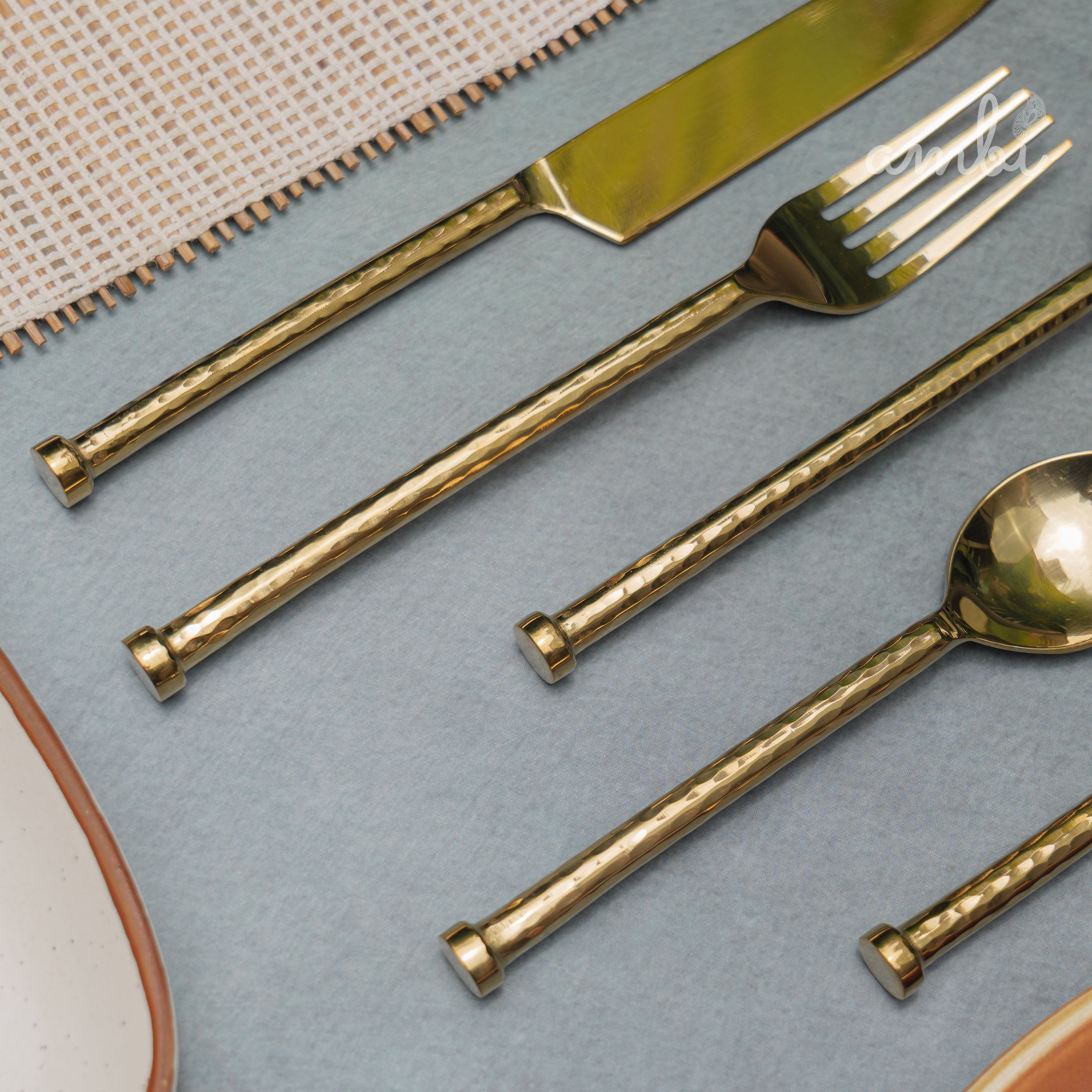 Elegant Handcrafted Heavy Pure Brass Plated Heavy Steel Cutlery Set of 5