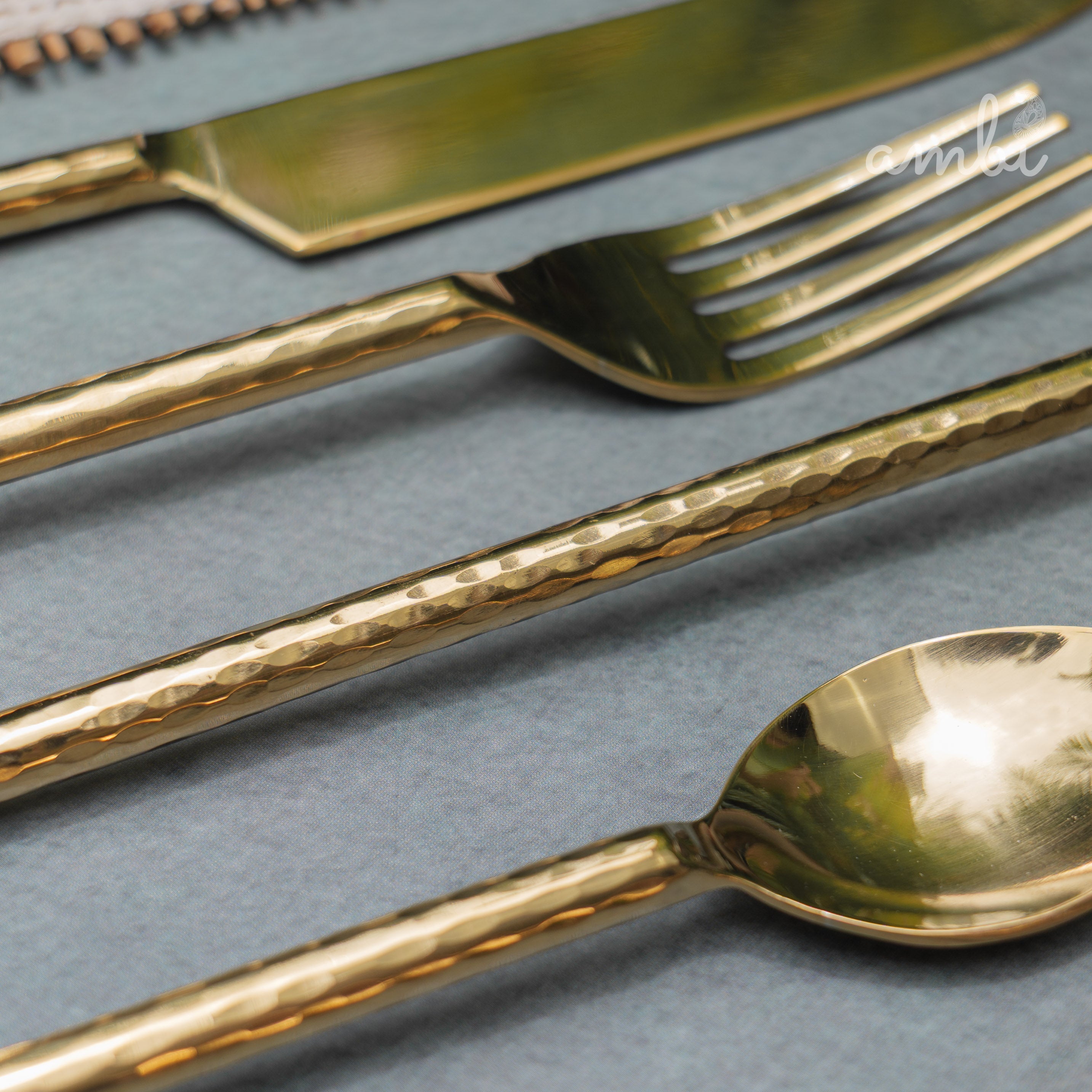 Elegant Handcrafted Heavy Pure Brass Plated Heavy Steel Cutlery Set of 5