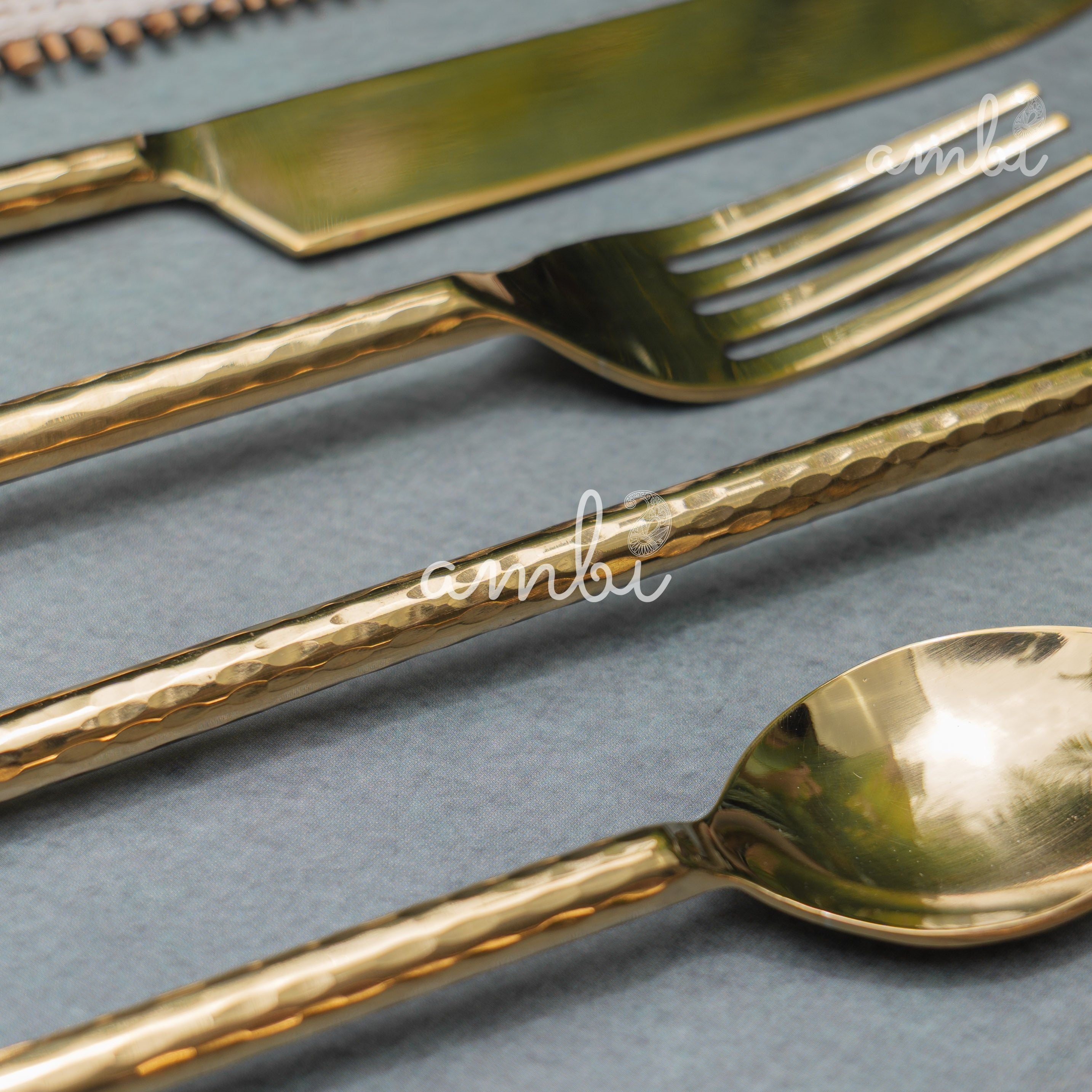 Elegant Handcrafted Heavy Pure Brass Plated Heavy Steel Cutlery Set of 5