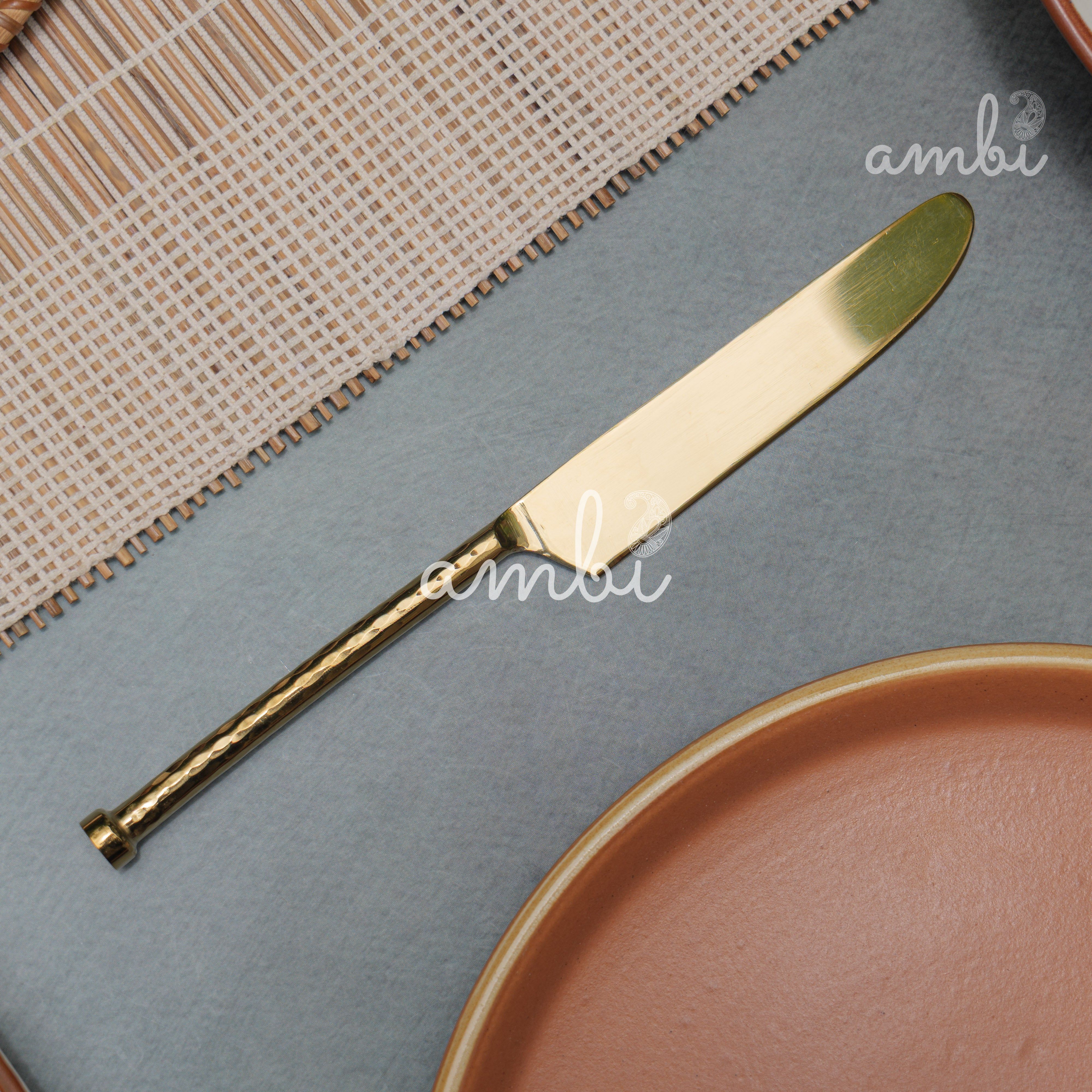 Elegant Handcrafted Heavy Pure Brass Plated Heavy Steel Cutlery Set of 5