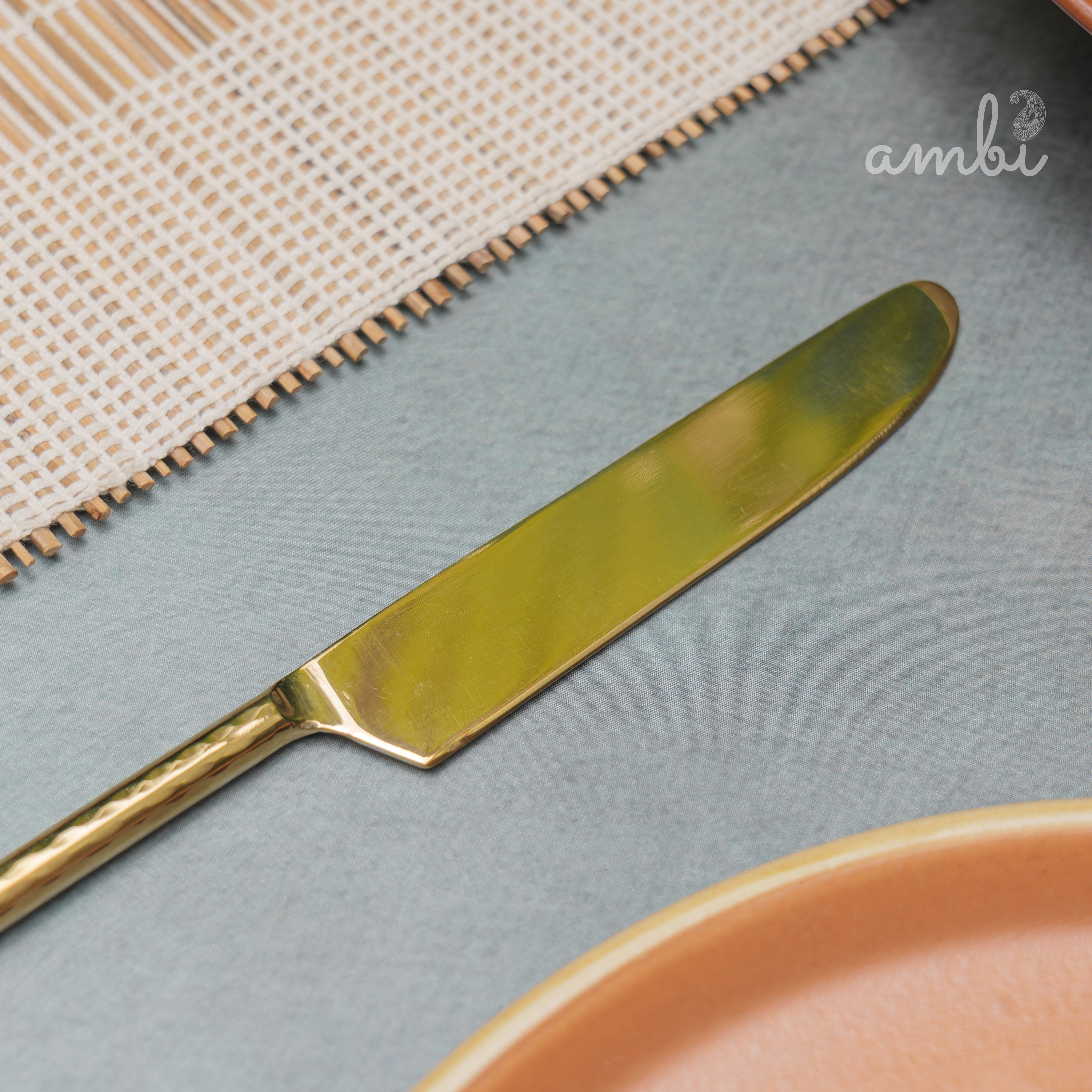 Elegant Handcrafted Heavy Pure Brass Plated Heavy Steel Cutlery Set of 5