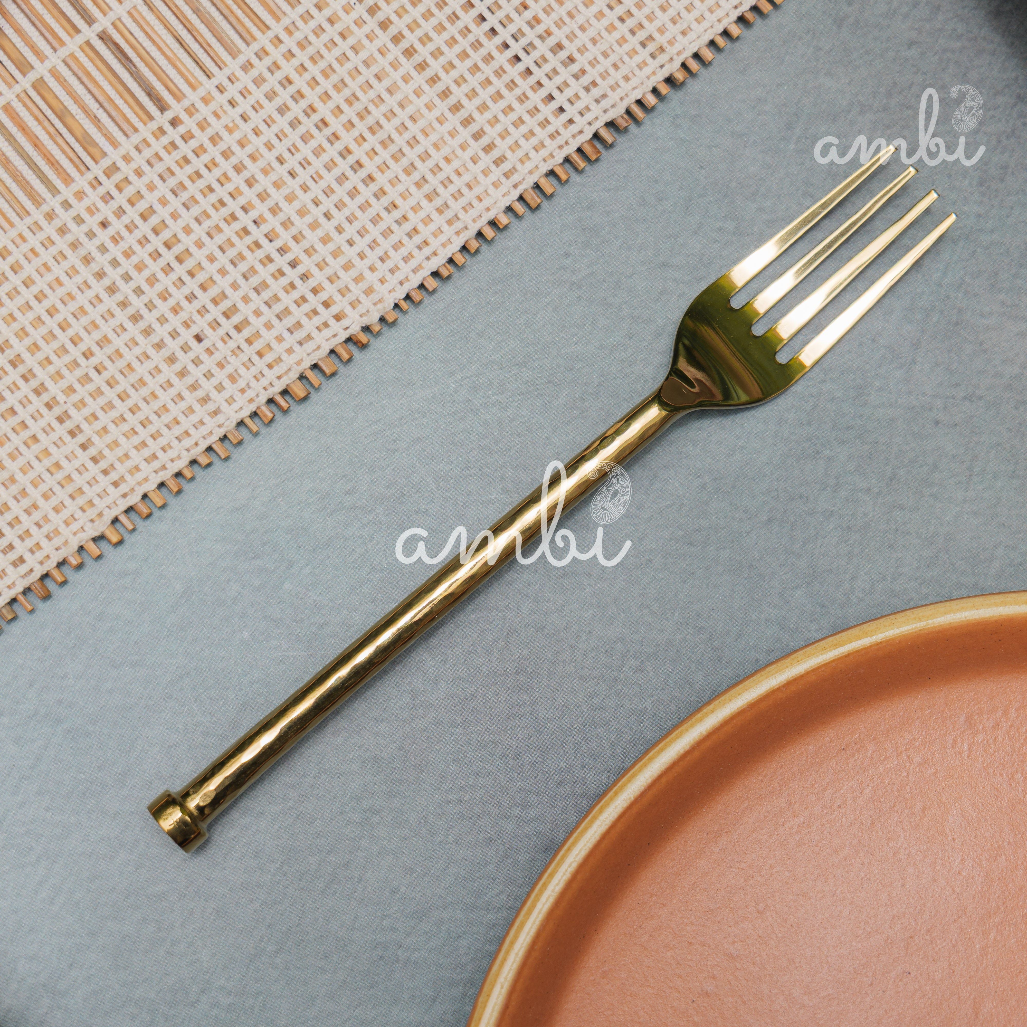 Elegant Handcrafted Heavy Pure Brass Plated Heavy Steel Cutlery Set of 5