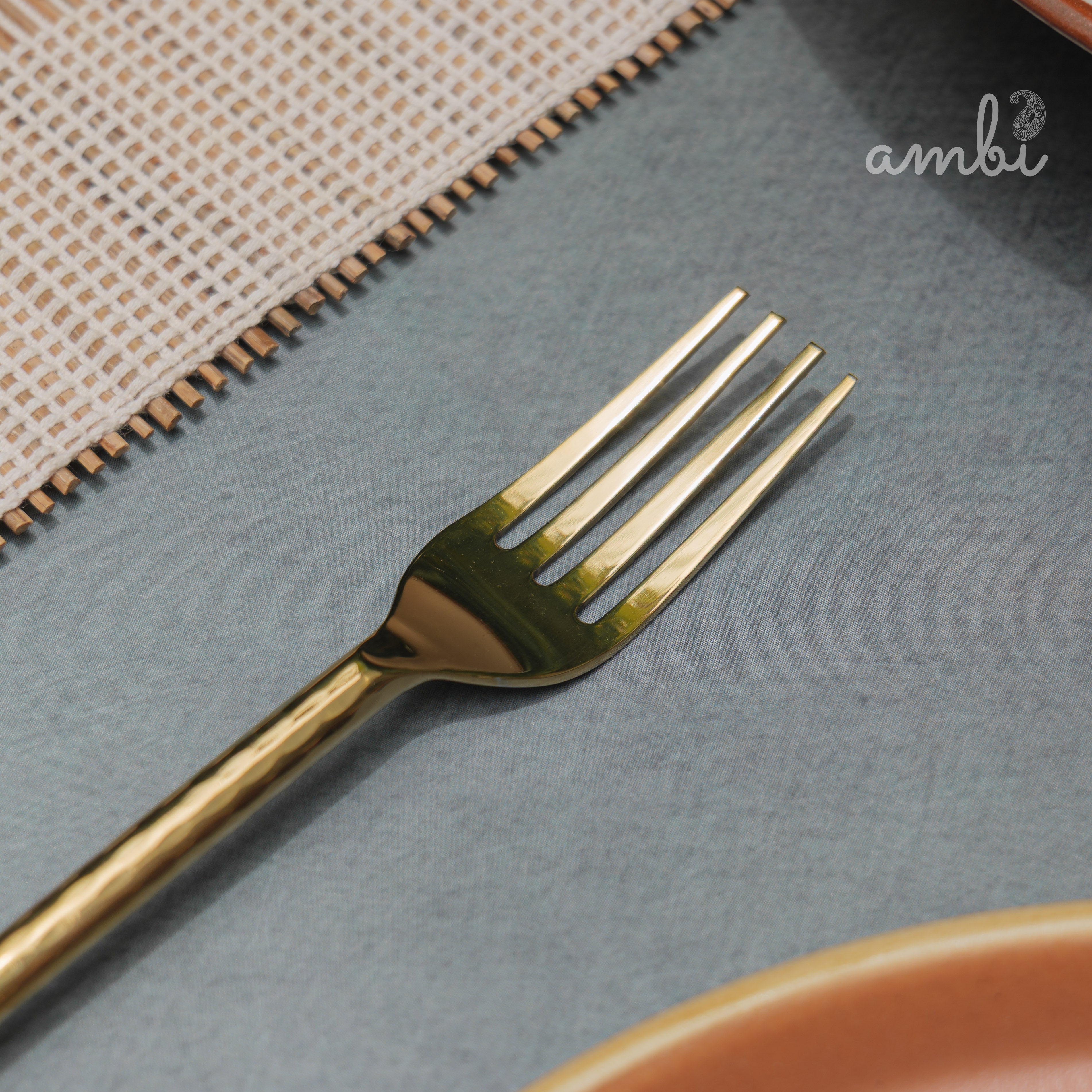 Elegant Handcrafted Heavy Pure Brass Plated Heavy Steel Cutlery Set of 5