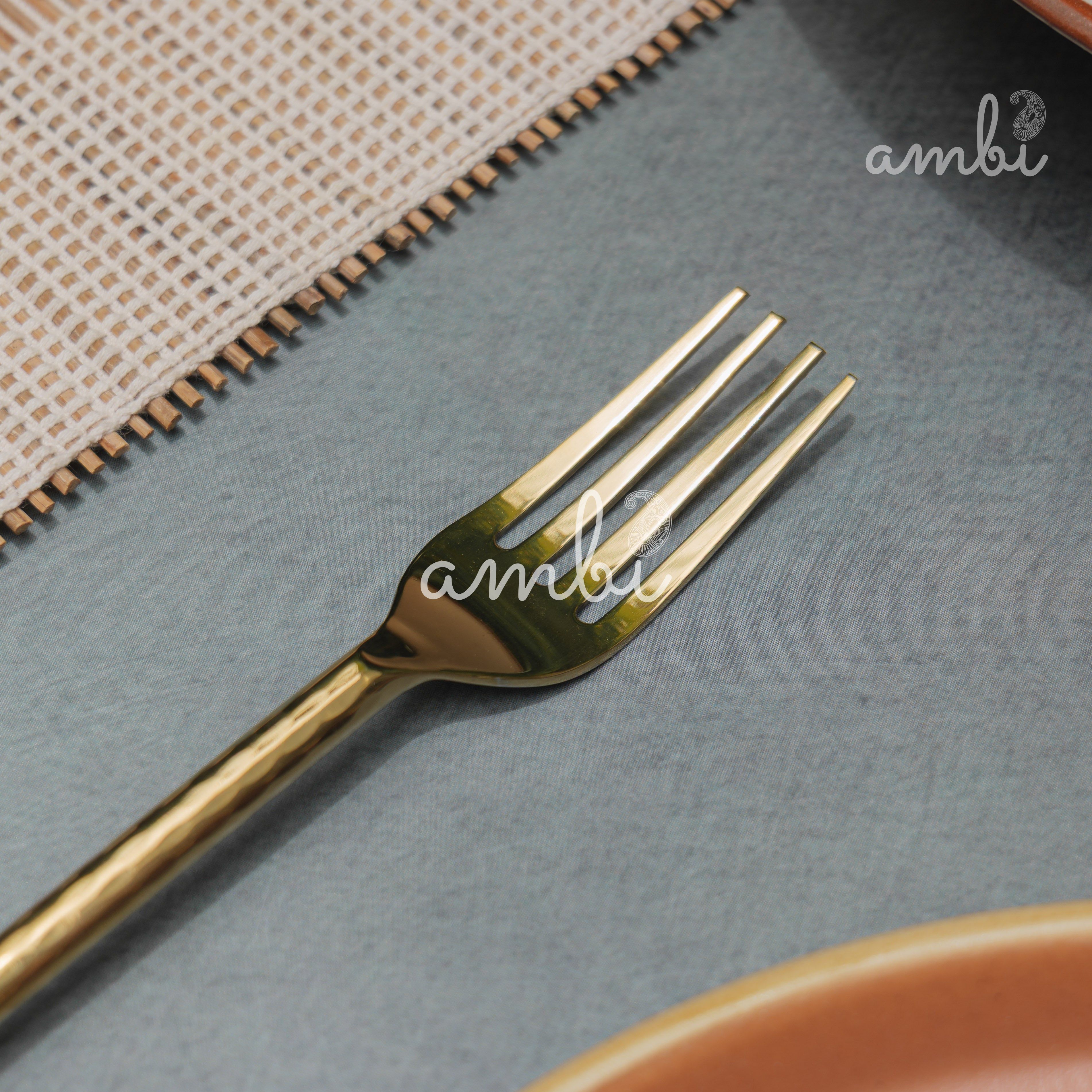 Elegant Handcrafted Heavy Pure Brass Plated Heavy Steel Cutlery Set of 5