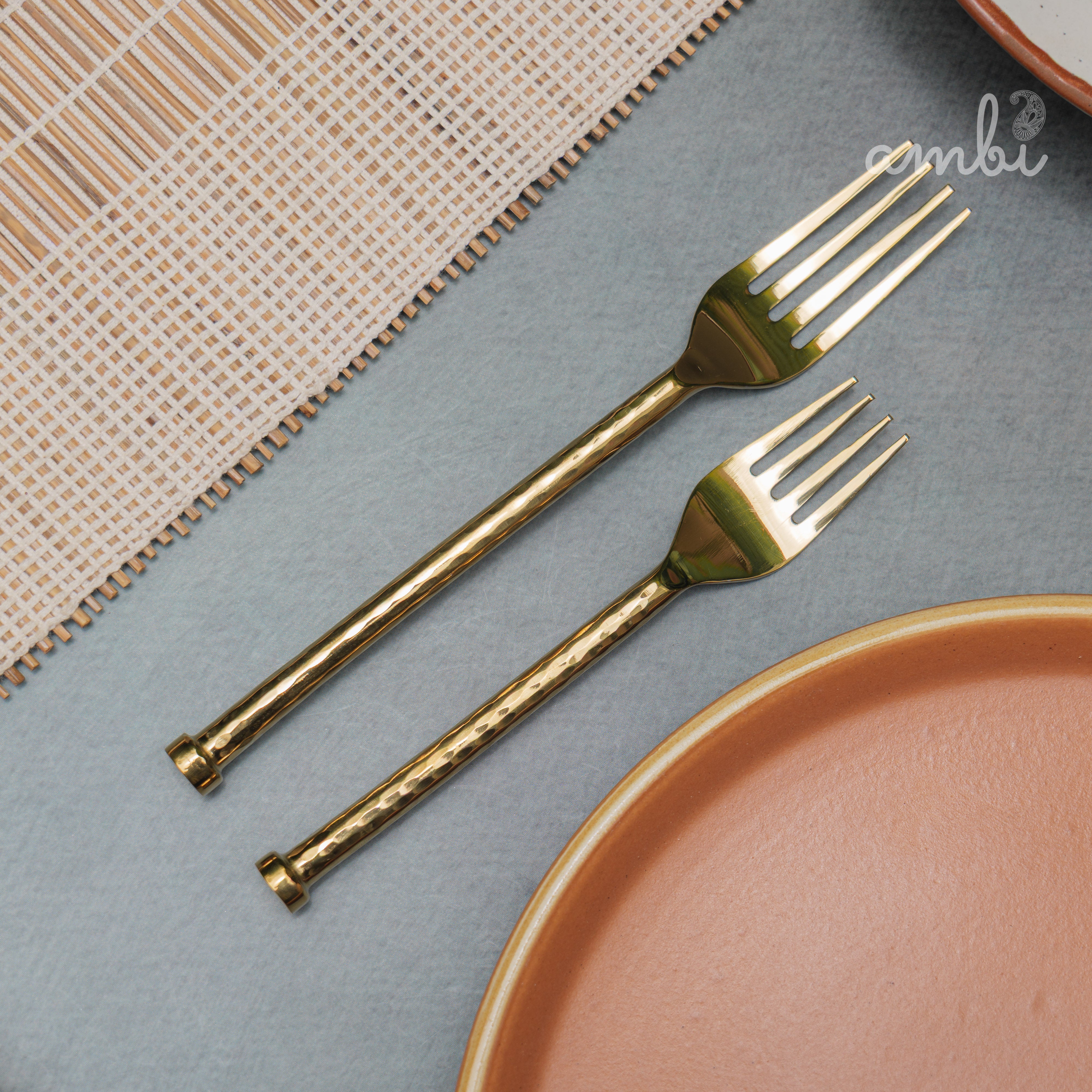 Elegant Handcrafted Heavy Pure Brass Plated Heavy Steel Cutlery Set of 5