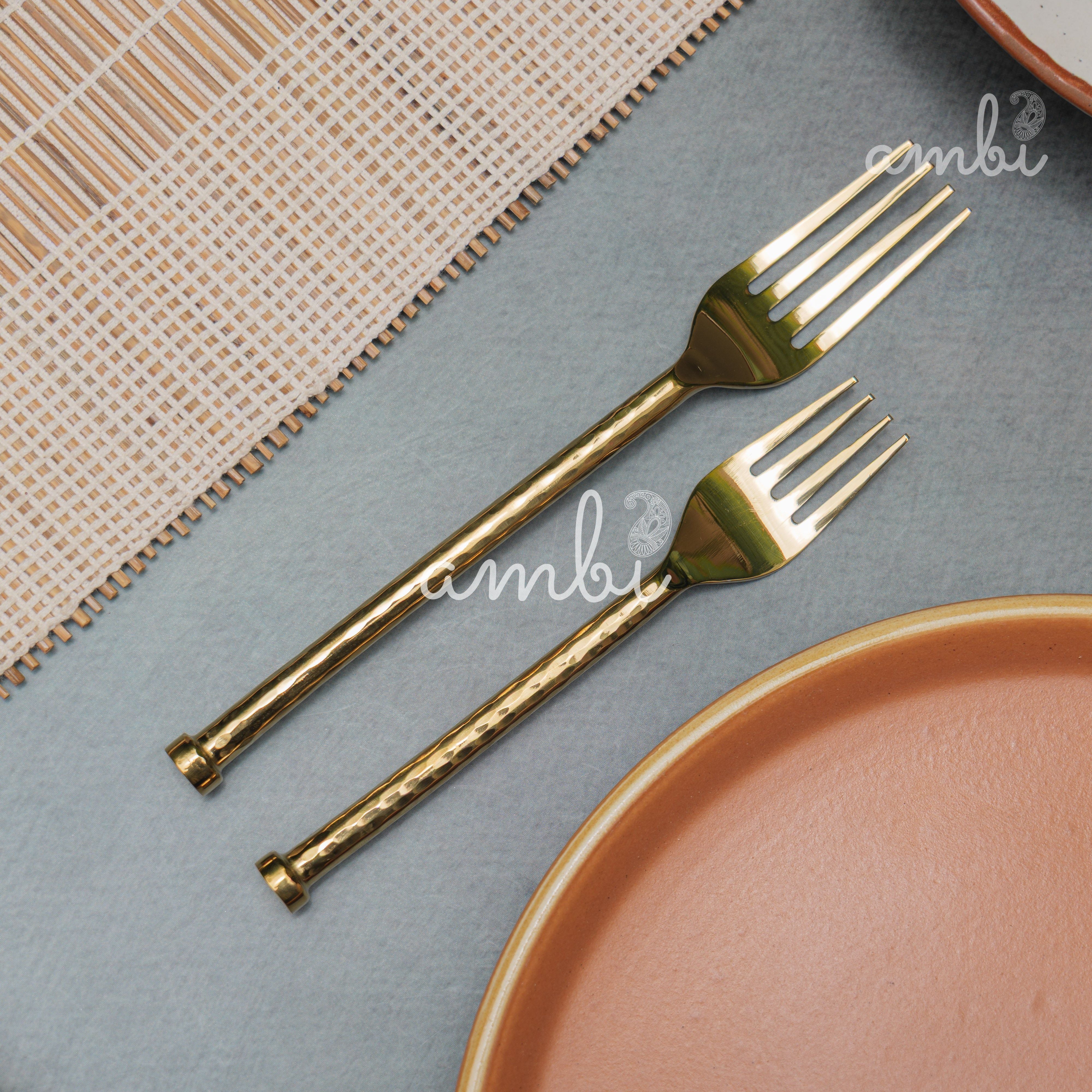 Elegant Handcrafted Heavy Pure Brass Plated Heavy Steel Cutlery Set of 5