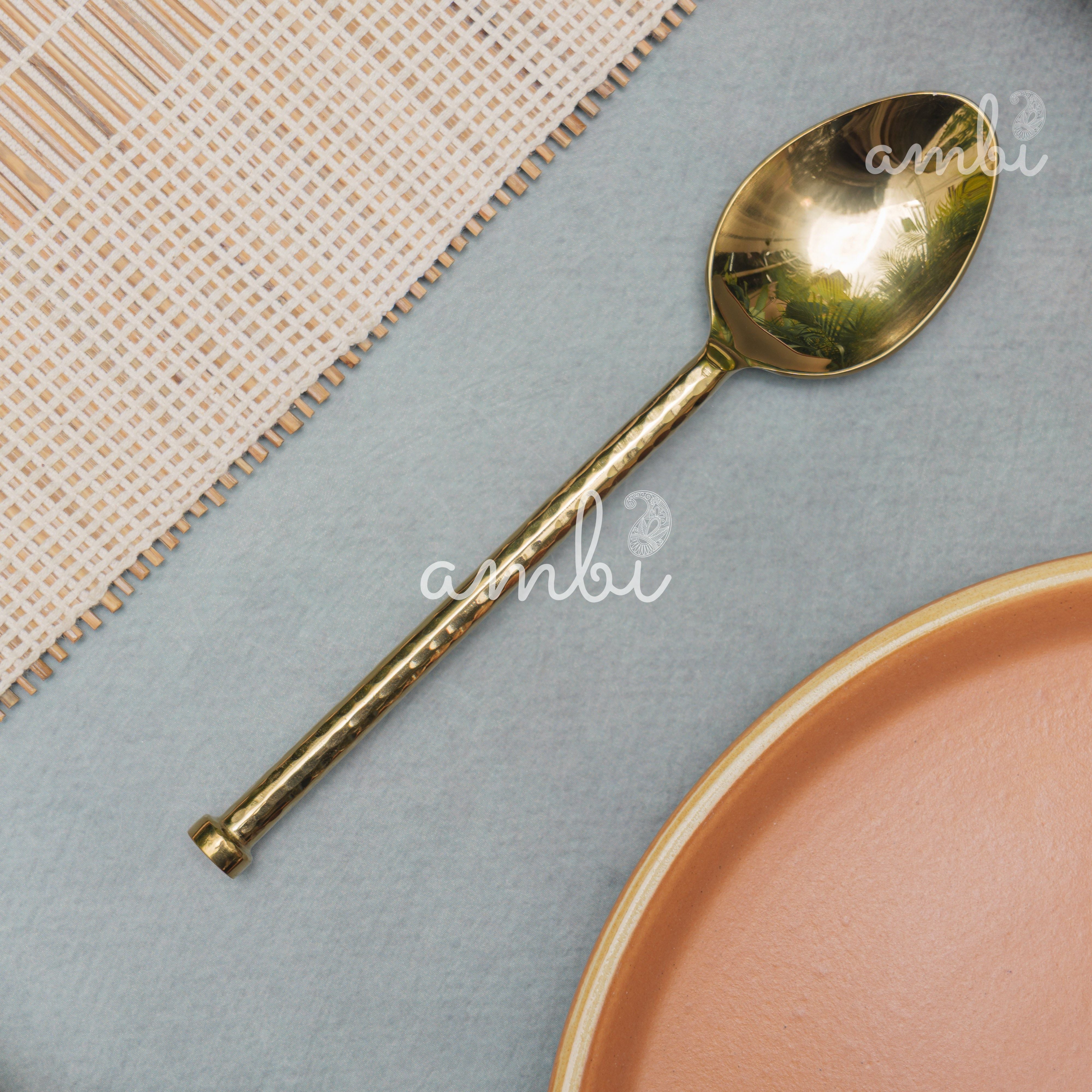 Elegant Handcrafted Heavy Pure Brass Plated Heavy Steel Cutlery Set of 5