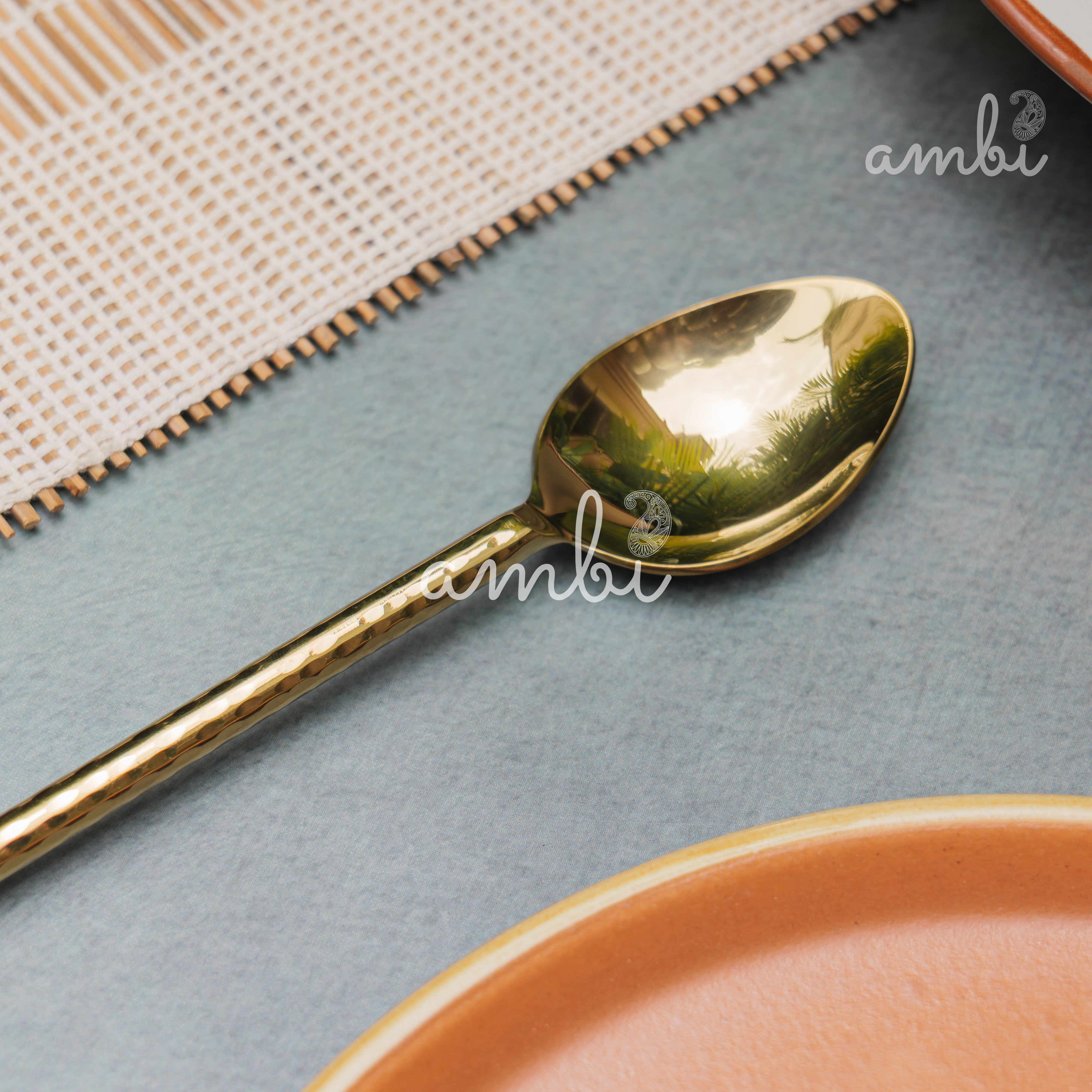 Elegant Handcrafted Heavy Pure Brass Plated Heavy Steel Cutlery Set of 5