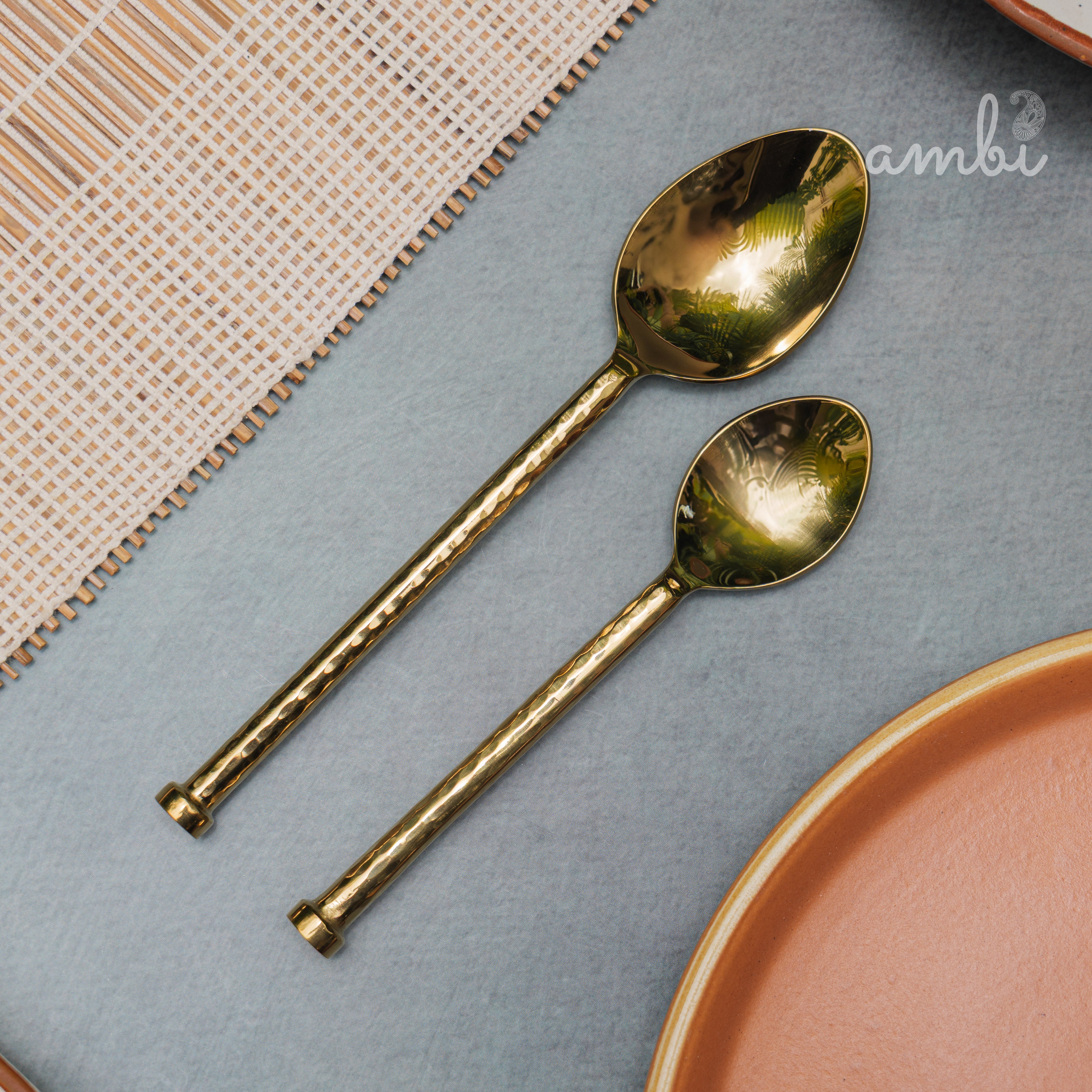 Elegant Handcrafted Heavy Pure Brass Plated Heavy Steel Cutlery Set of 5