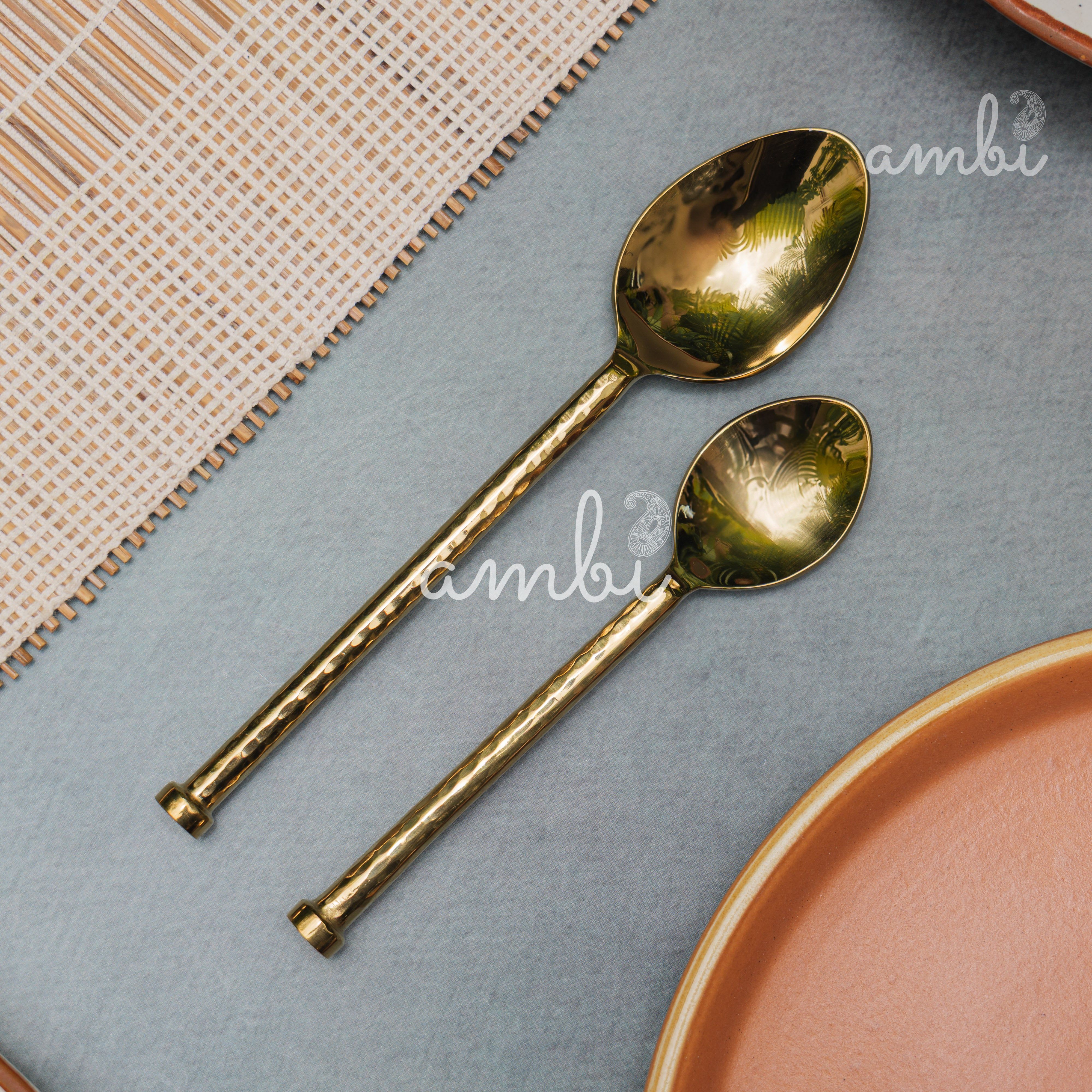 Elegant Handcrafted Heavy Pure Brass Plated Heavy Steel Cutlery Set of 5