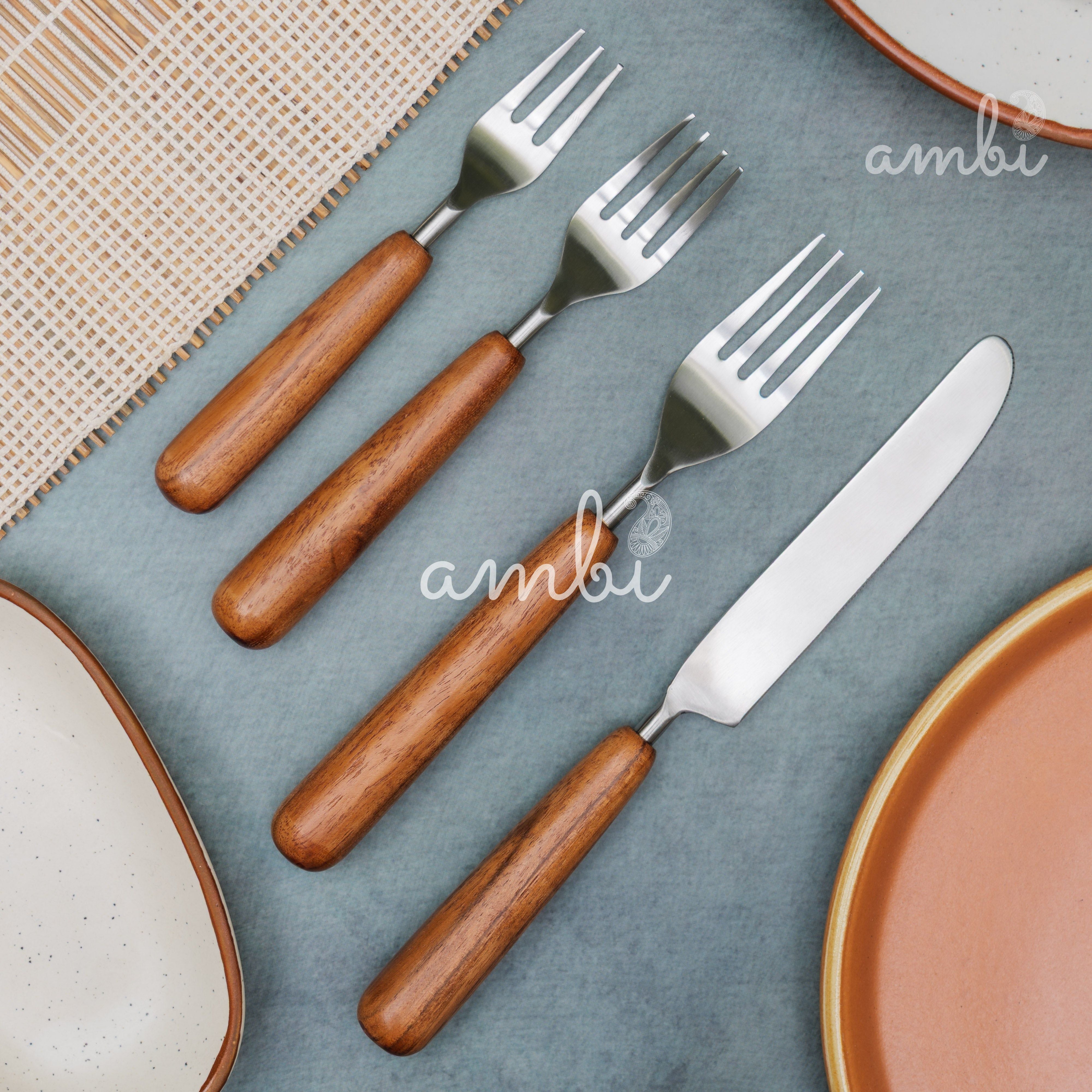 Handcrafted Steel Silver Cutlery Set of 8 with Wooden Handle