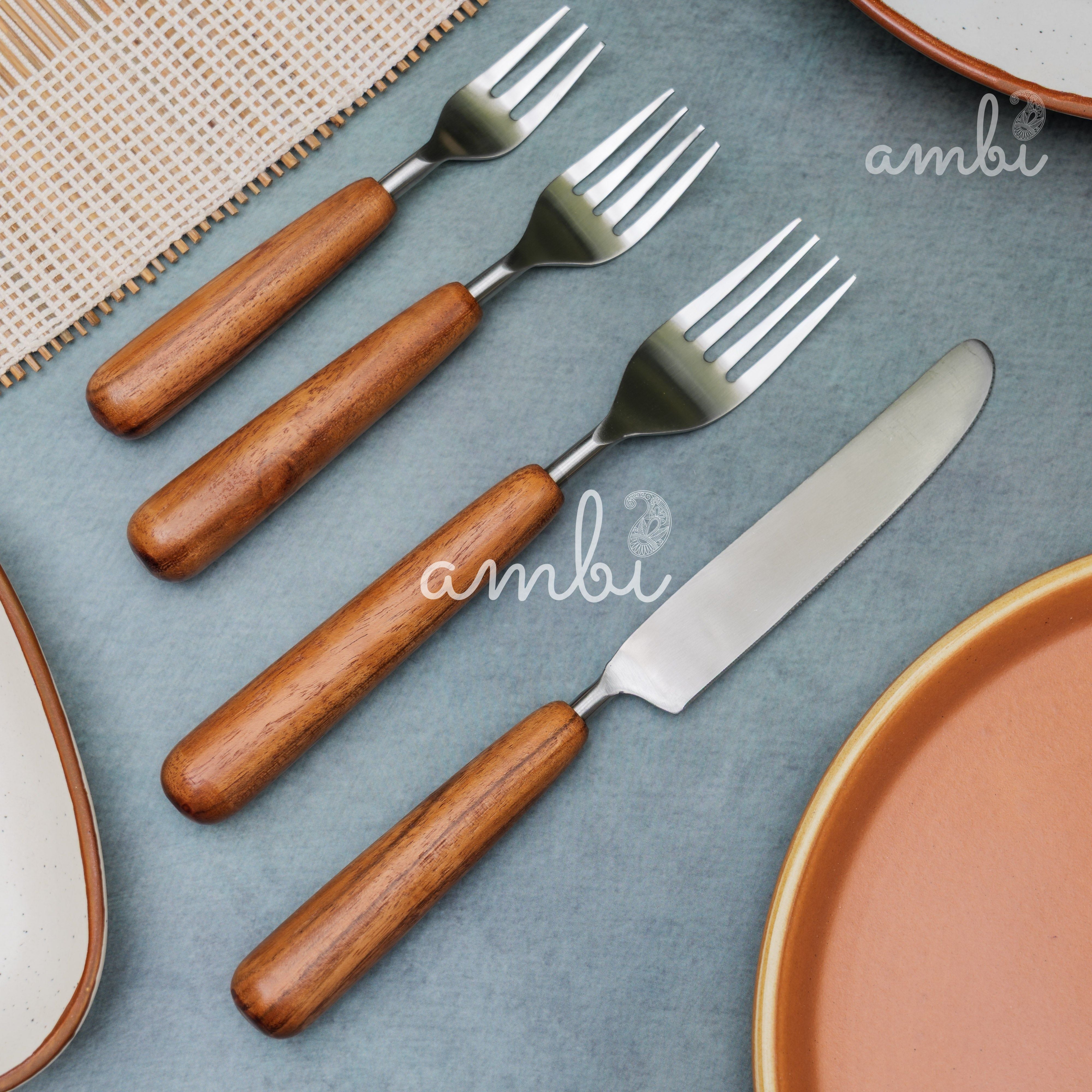 Handcrafted Steel Silver Cutlery Set of 8 with Wooden Handle