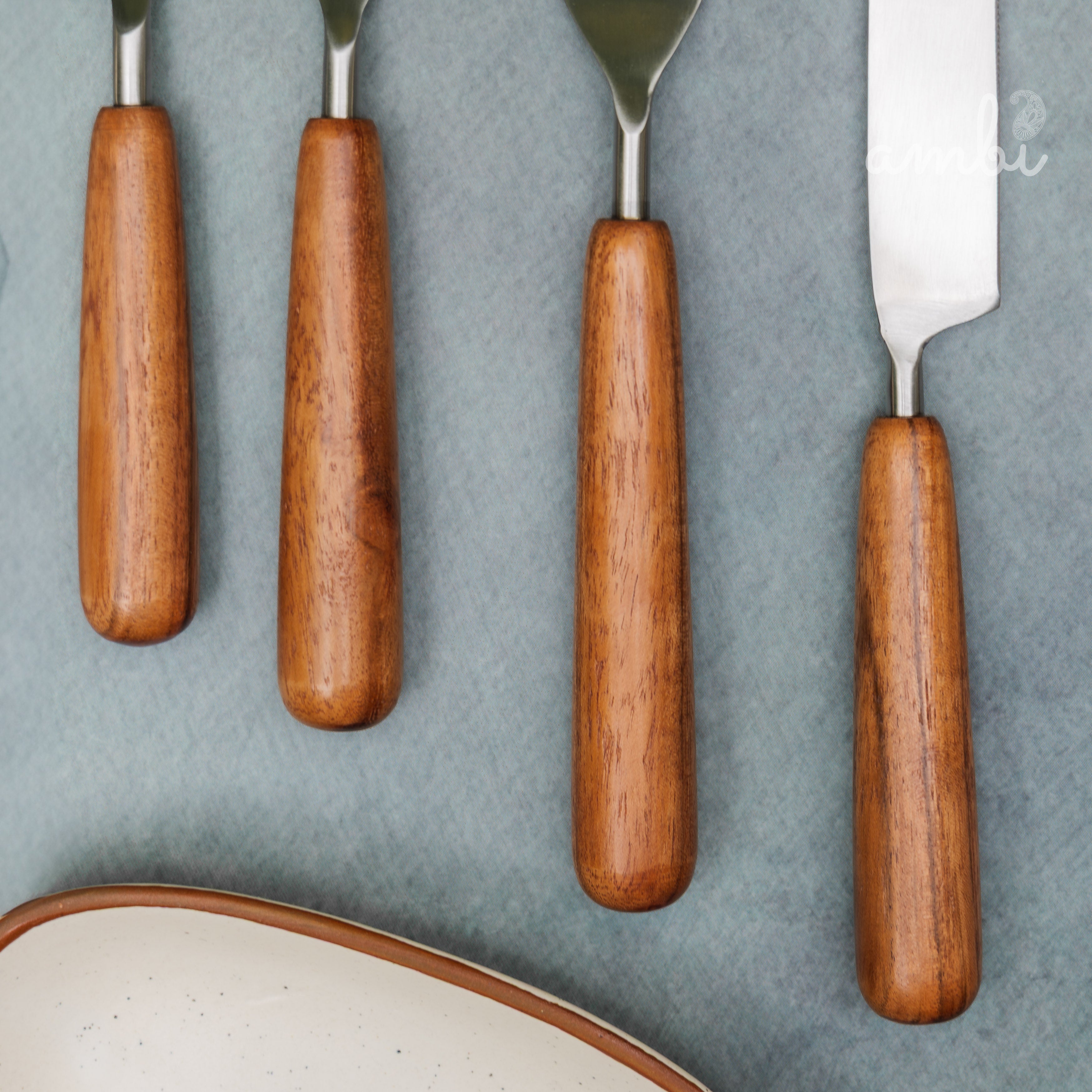 Handcrafted Steel Silver Cutlery Set of 8 with Wooden Handle