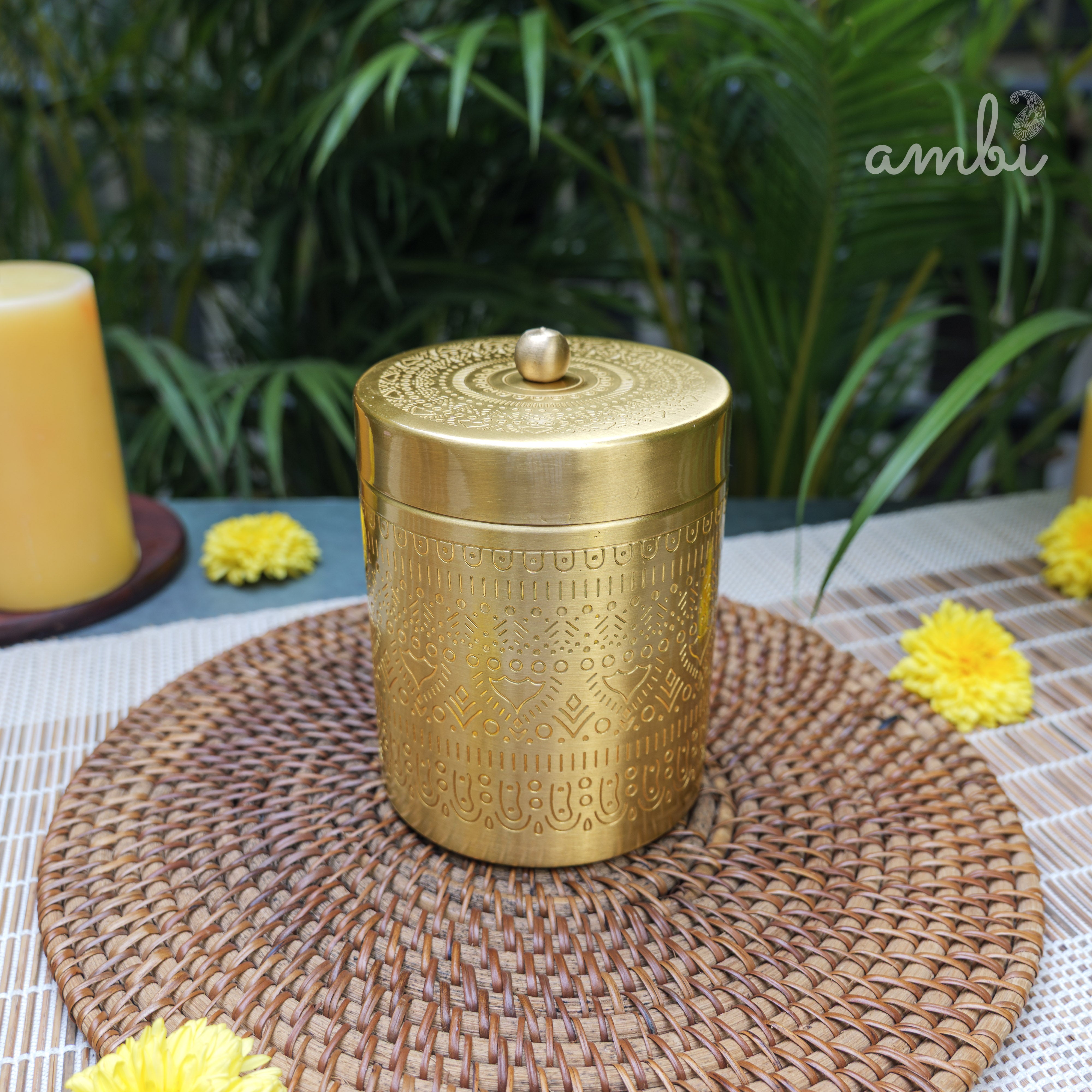 Ambi Pure Brass Elegant Etched Large Storage Box 5 inch