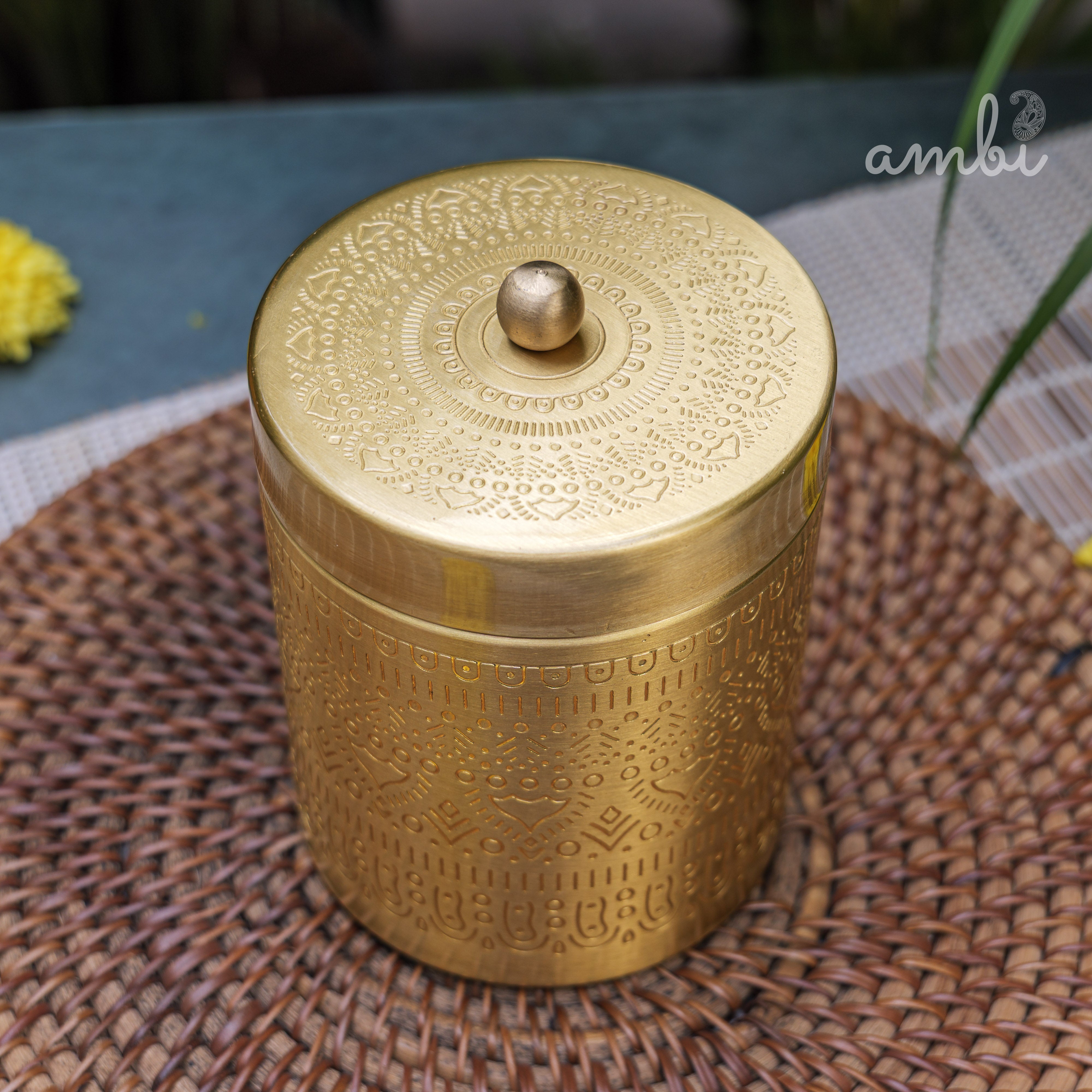 Ambi Pure Brass Elegant Etched Large Storage Box 5 inch