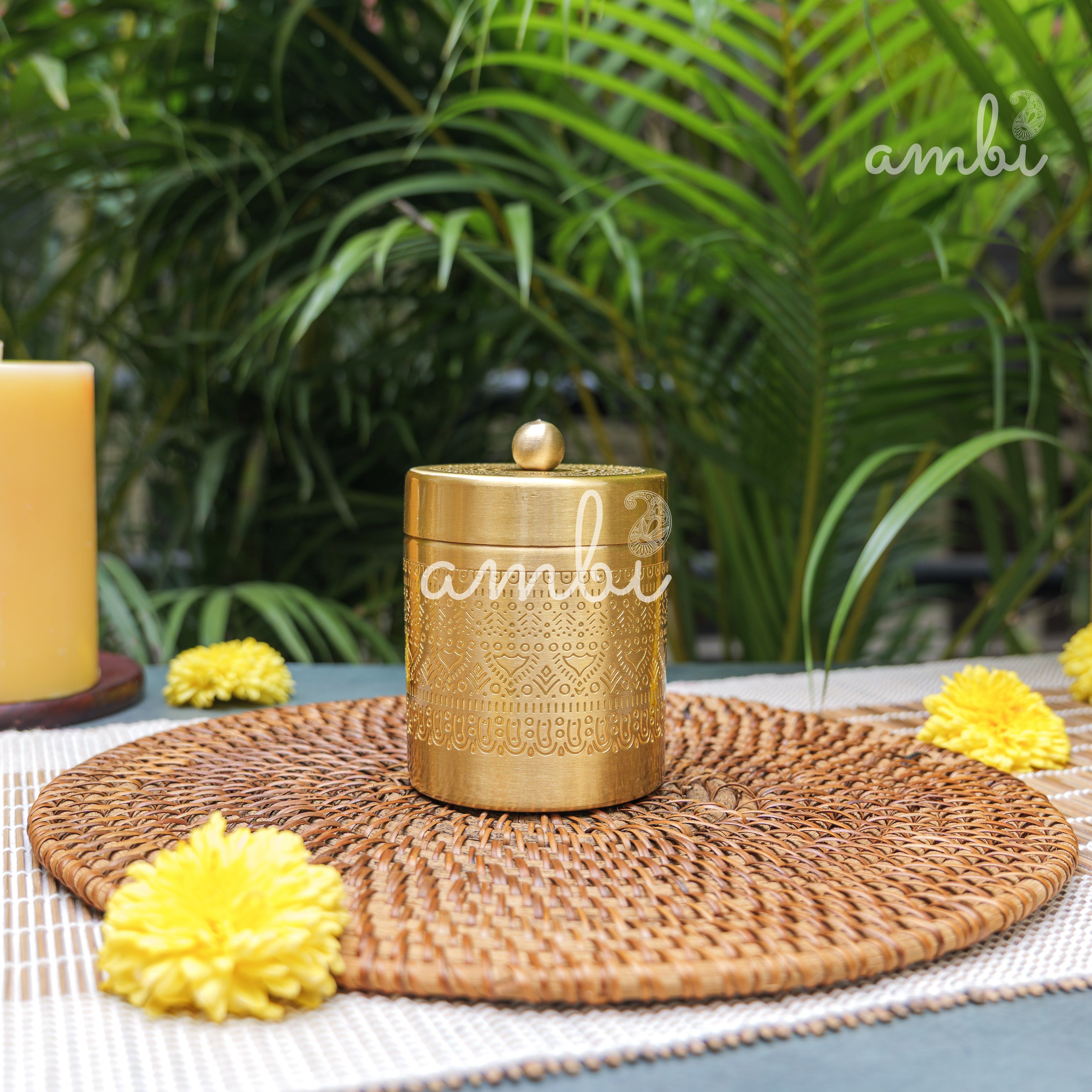 Ambi Pure Brass Elegant Etched Small StorageJar Box