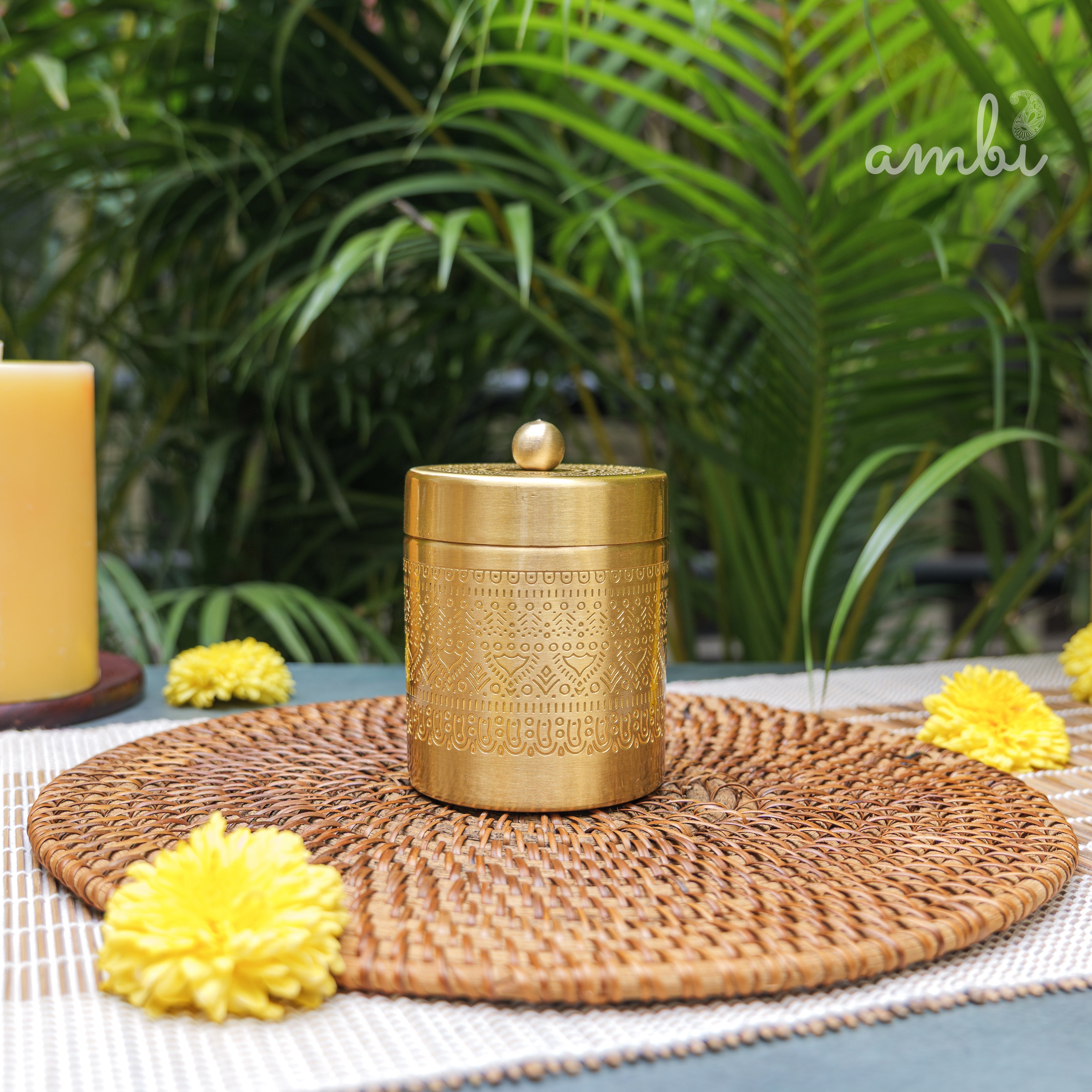 Ambi Pure Brass Elegant Etched Small StorageJar Box